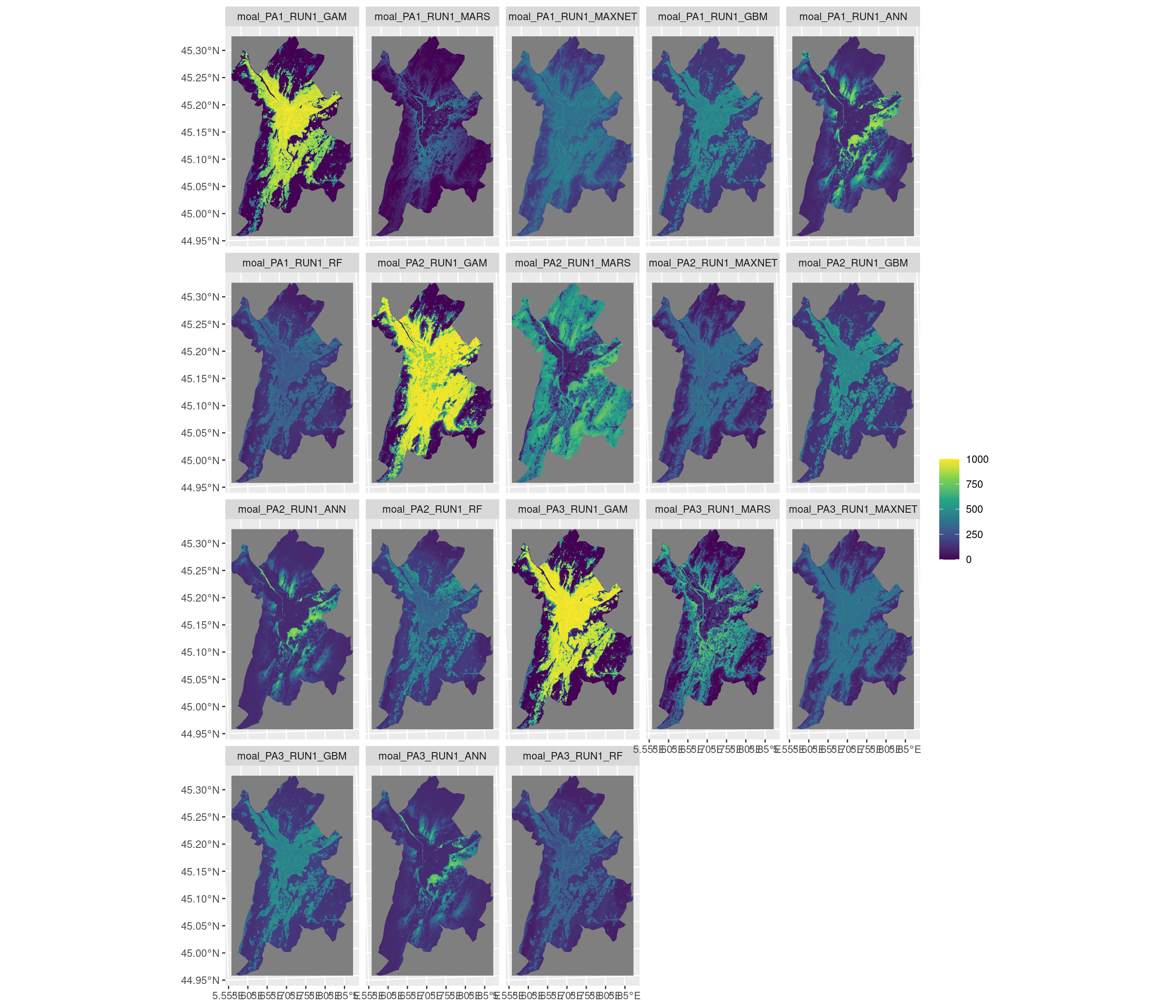 Projection de la distribution potentielle contemporaine sur la métropole de Grenoble, selon les 6 algorithmes et les 3 runs.
