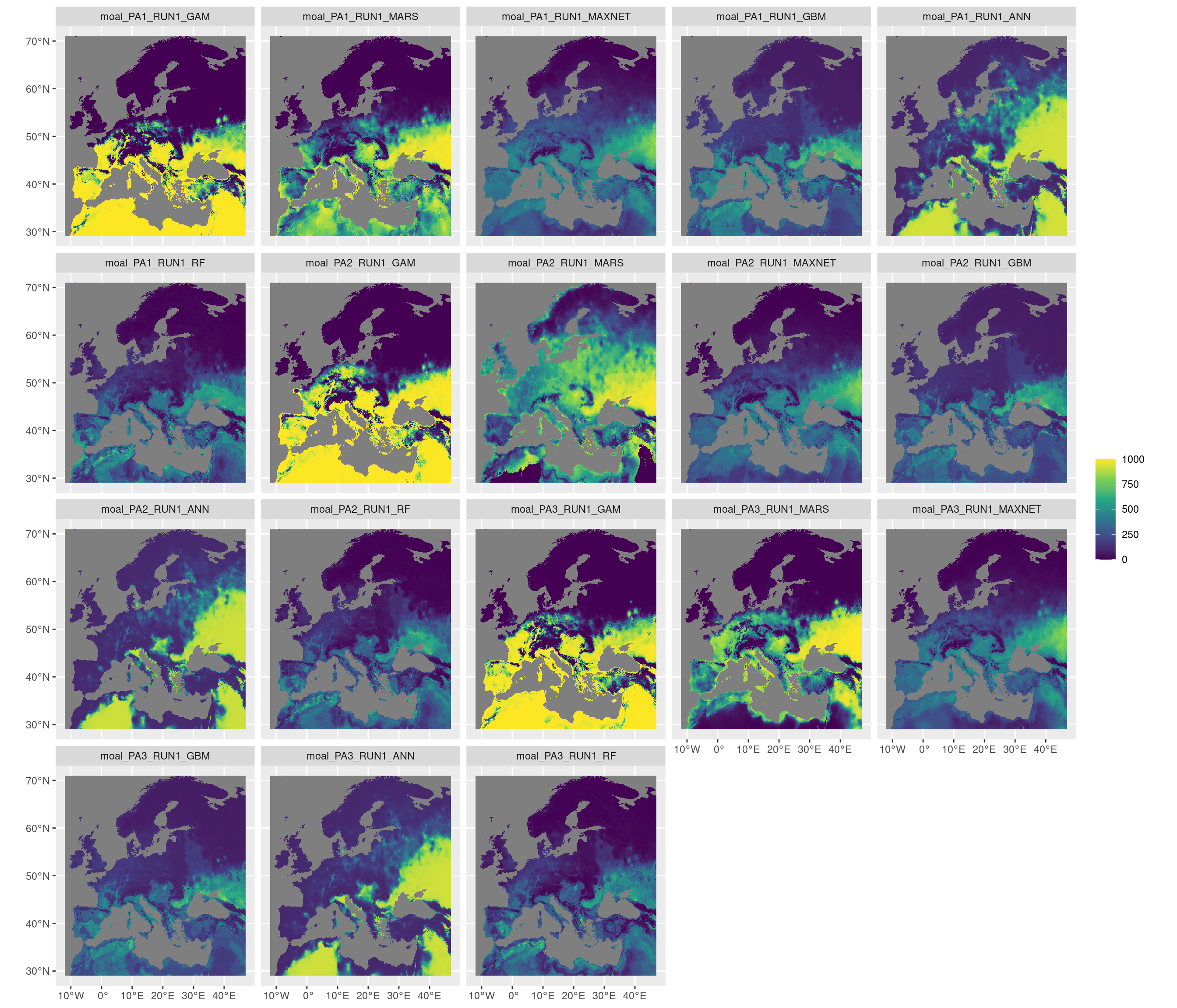 Projection de la distribution potentielle contemporaine sur l'Europe, selon les 6 algorithmes et les 3 runs.