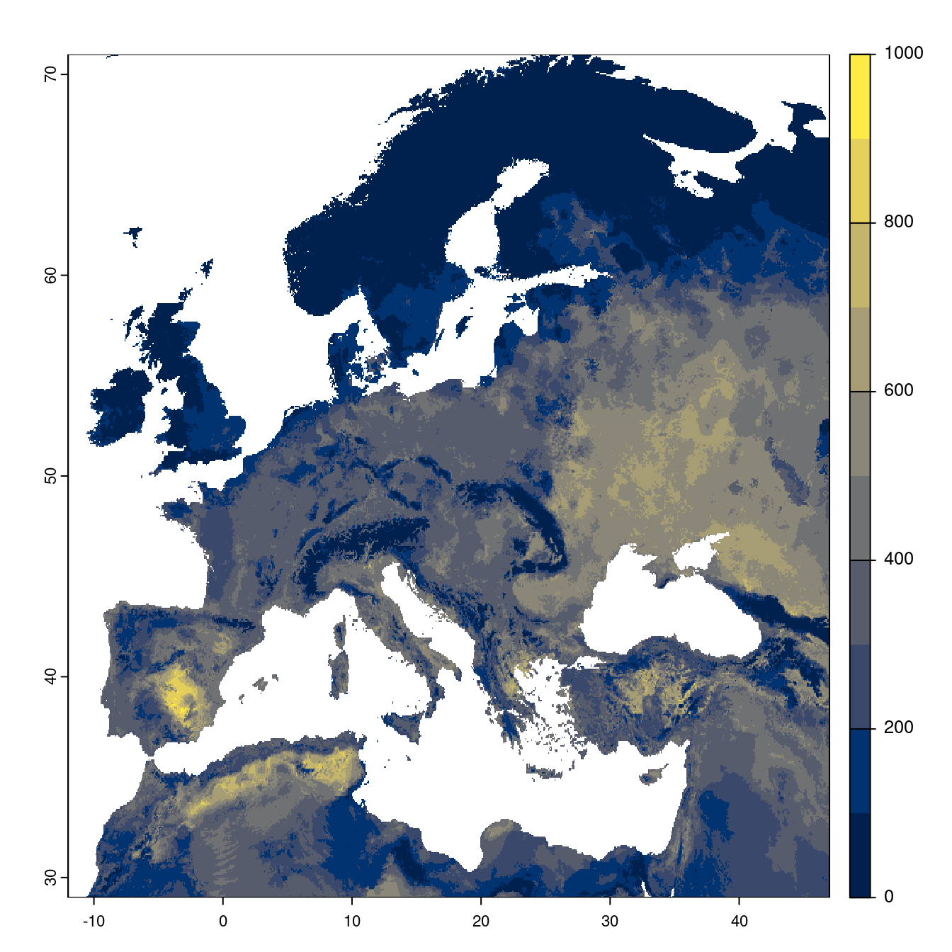 Projection des distributions potentielles futures jusqu'à l'horizon 2100 sous le scénario SSP1-2.6 (modèle d'ensemble).