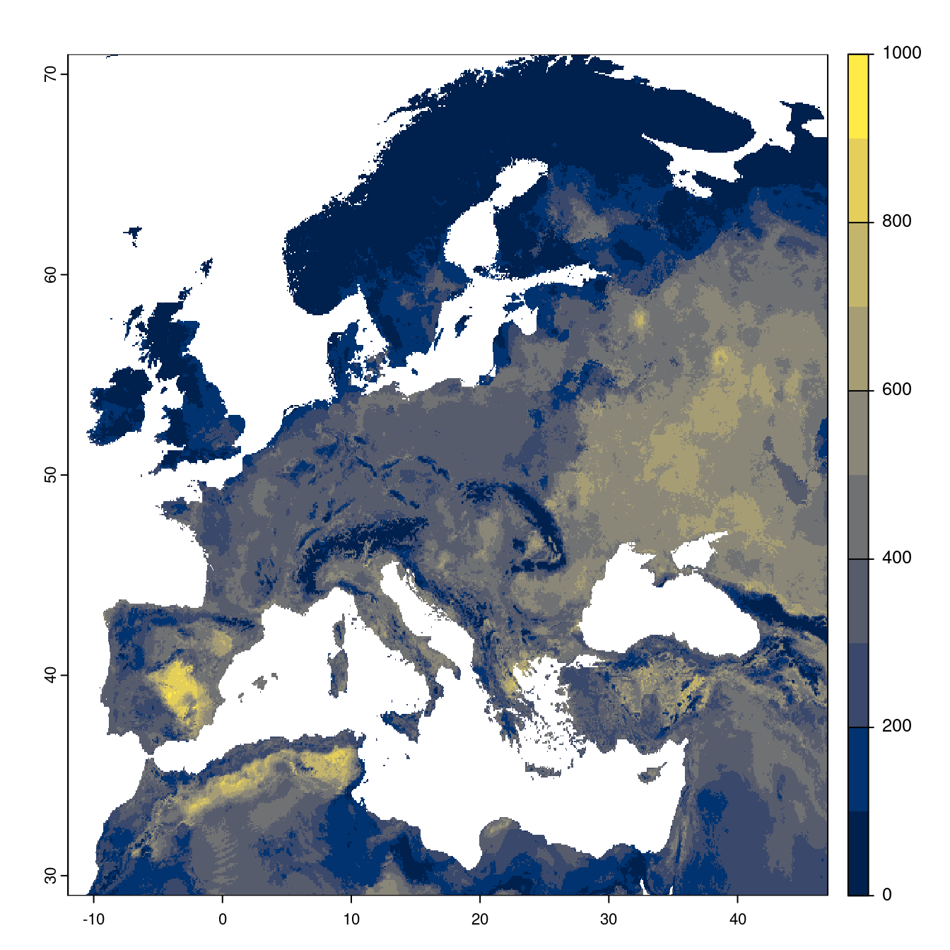 Projection des distributions potentielles futures jusqu'à l'horizon 2100 sous le scénario SSP1-2.6 (modèle d'ensemble).