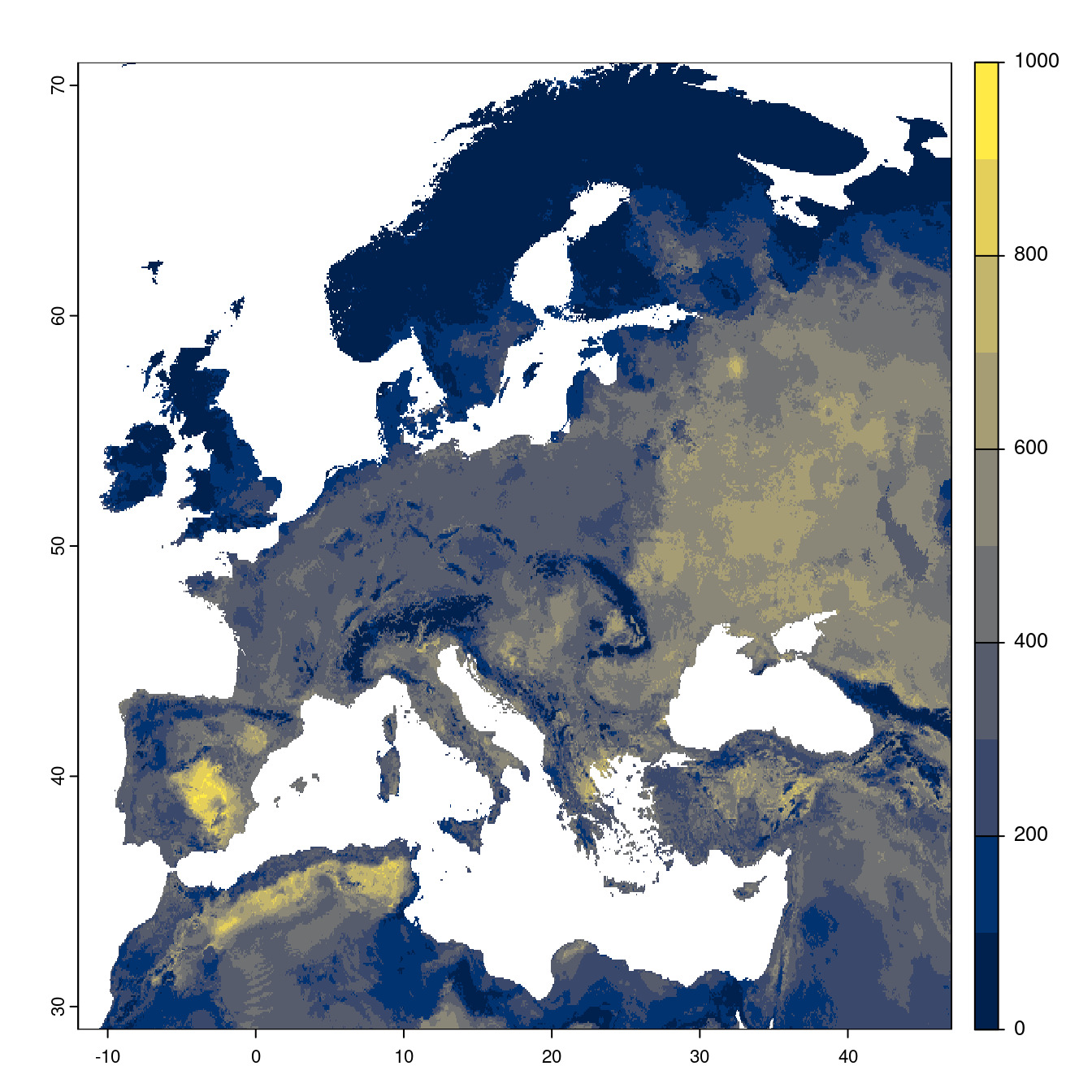 Projection des distributions potentielles futures jusqu'à l'horizon 2100 sous le scénario SSP1-2.6 (modèle d'ensemble).