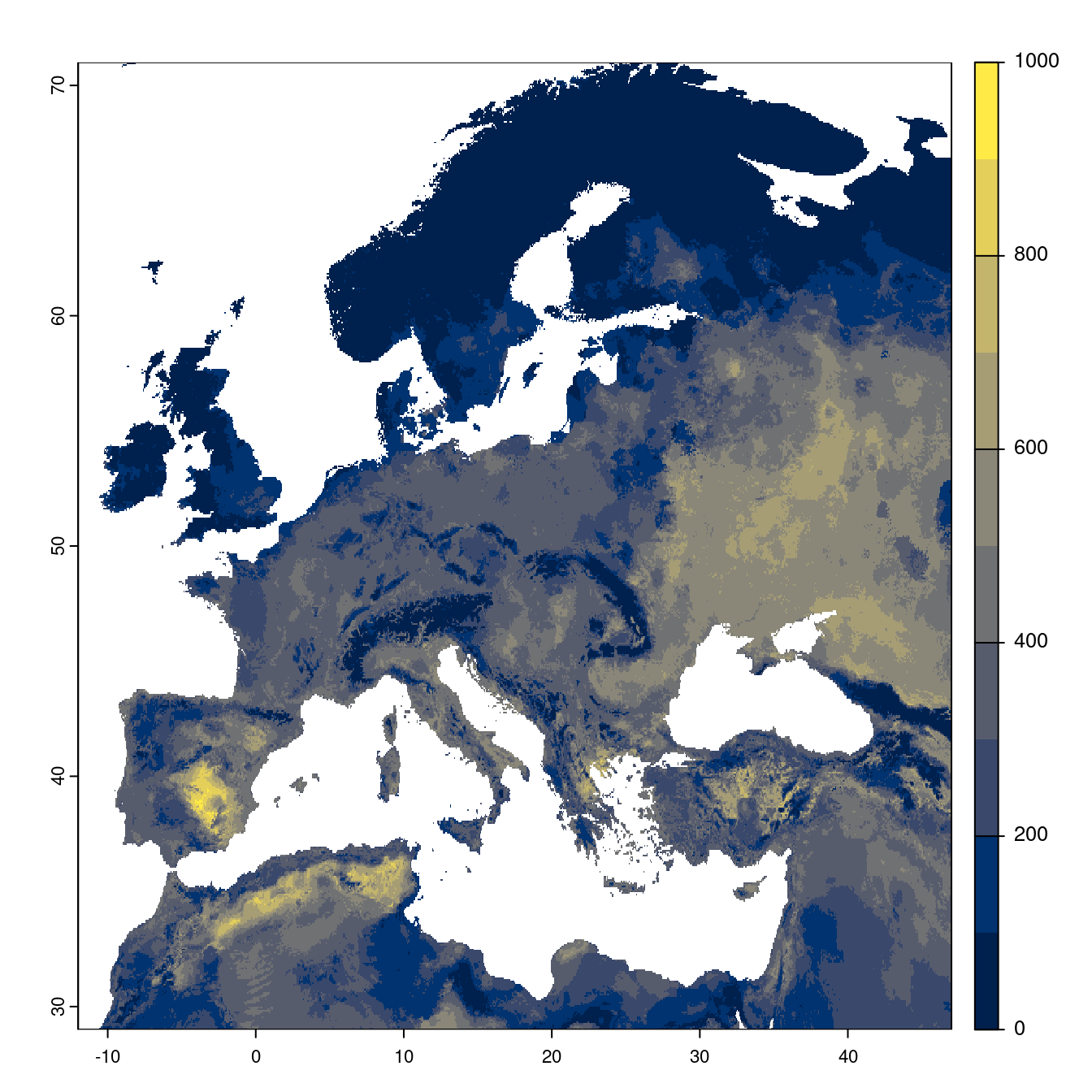 Projection des distributions potentielles futures jusqu'à l'horizon 2100 sous le scénario SSP2-4.5 (modèle d'ensemble).