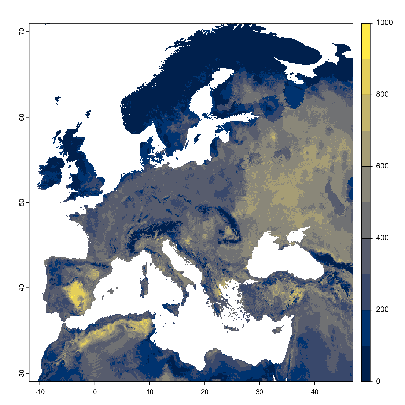Projection des distributions potentielles futures jusqu'à l'horizon 2100 sous le scénario SSP2-4.5 (modèle d'ensemble).