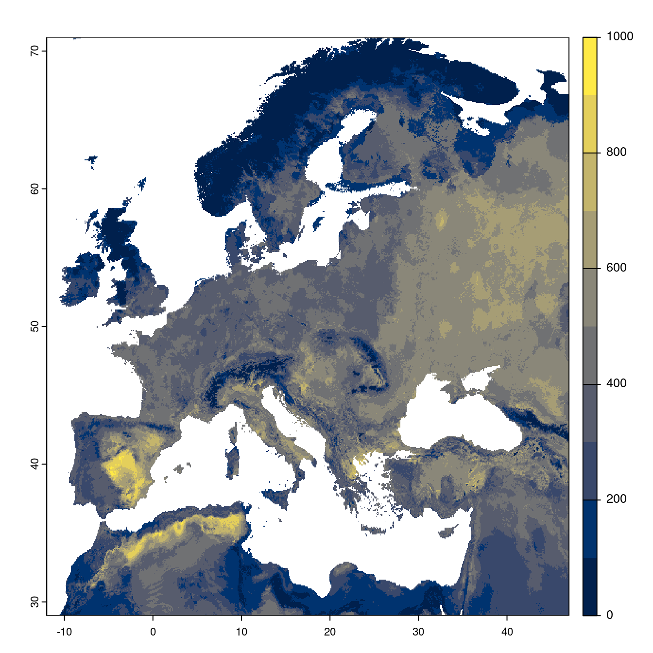 Projection des distributions potentielles futures jusqu'à l'horizon 2100 sous le scénario SSP2-4.5 (modèle d'ensemble).