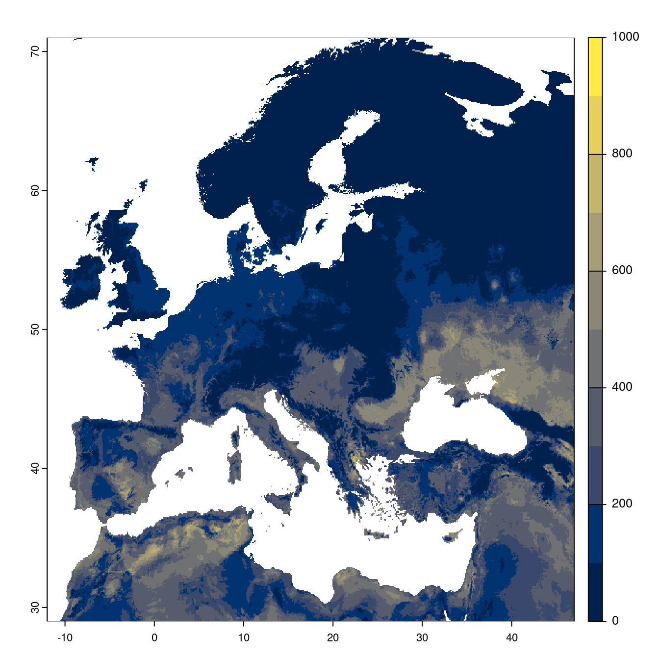Projection des distributions potentielles futures jusqu'à l'horizon 2100 sous le scénario SSP3-7.0 (modèle d'ensemble).