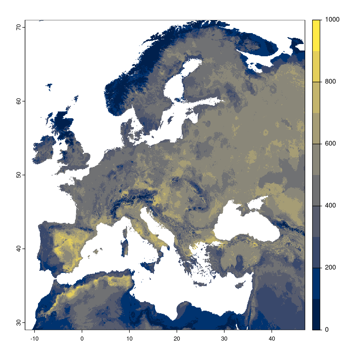 Projection des distributions potentielles futures jusqu'à l'horizon 2100 sous le scénario SSP3-7.0 (modèle d'ensemble).