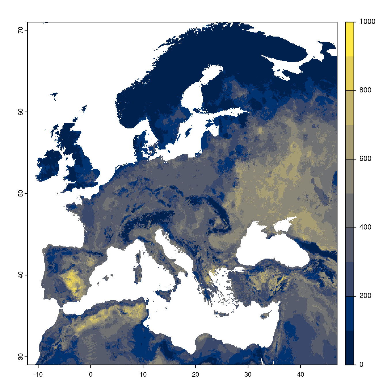 Projection des distributions potentielles futures jusqu'à l'horizon 2100 sous le scénario SSP5-8.5 (modèle d'ensemble).