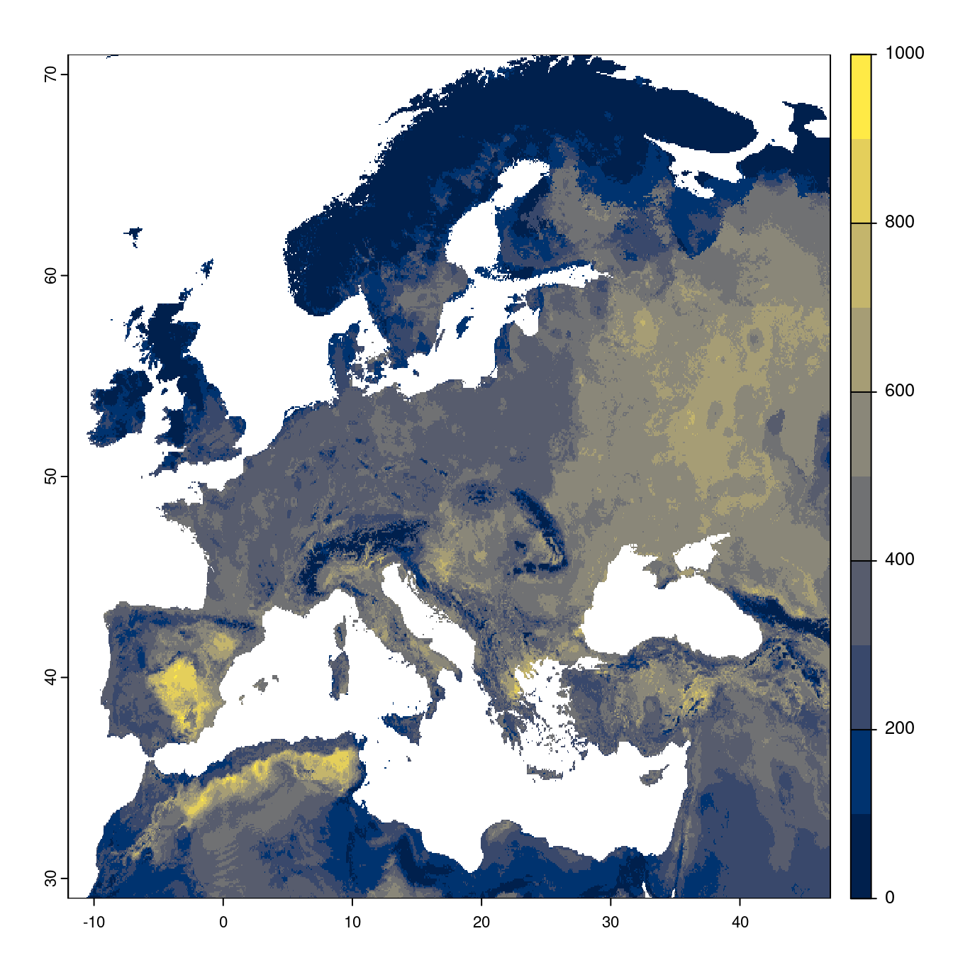 Projection des distributions potentielles futures jusqu'à l'horizon 2100 sous le scénario SSP5-8.5 (modèle d'ensemble).