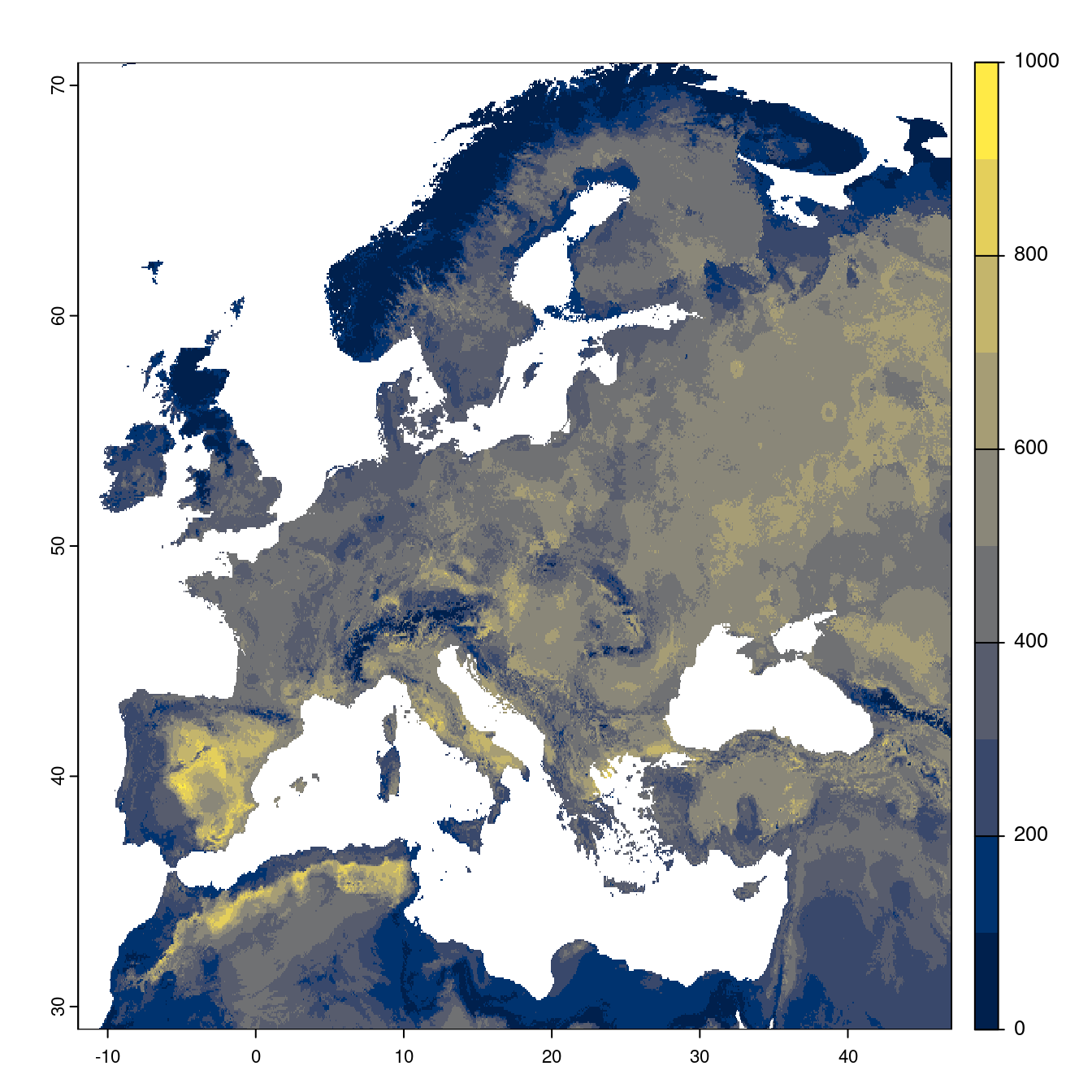 Projection des distributions potentielles futures jusqu'à l'horizon 2100 sous le scénario SSP5-8.5 (modèle d'ensemble).