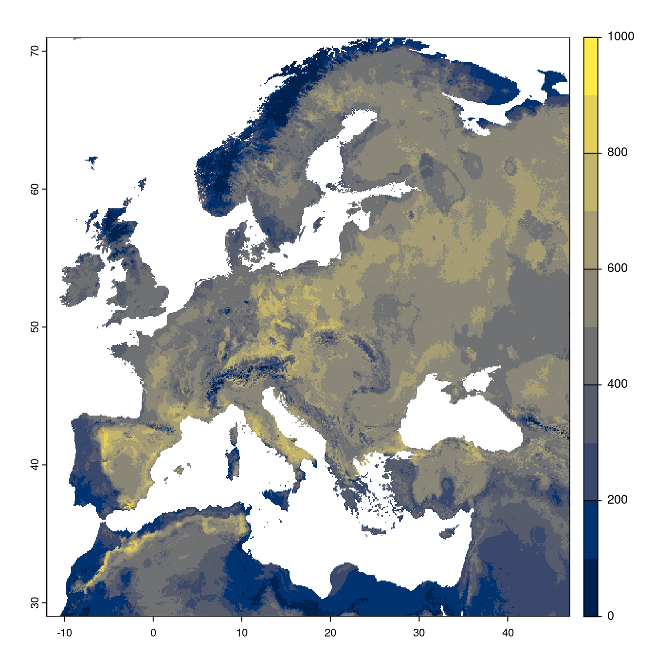 Projection des distributions potentielles futures jusqu'à l'horizon 2100 sous le scénario SSP5-8.5 (modèle d'ensemble).