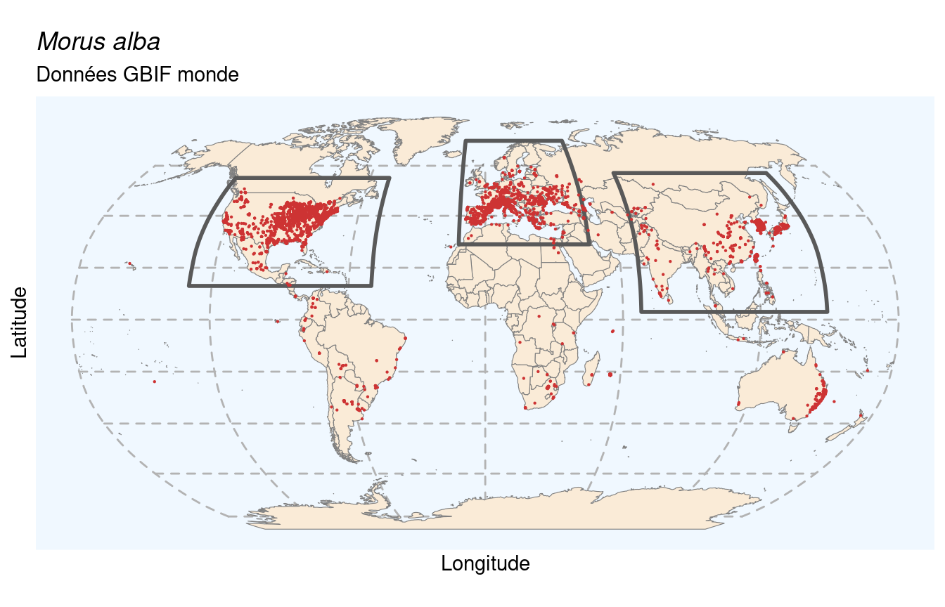 Occurrences de Morus alba dans le monde.