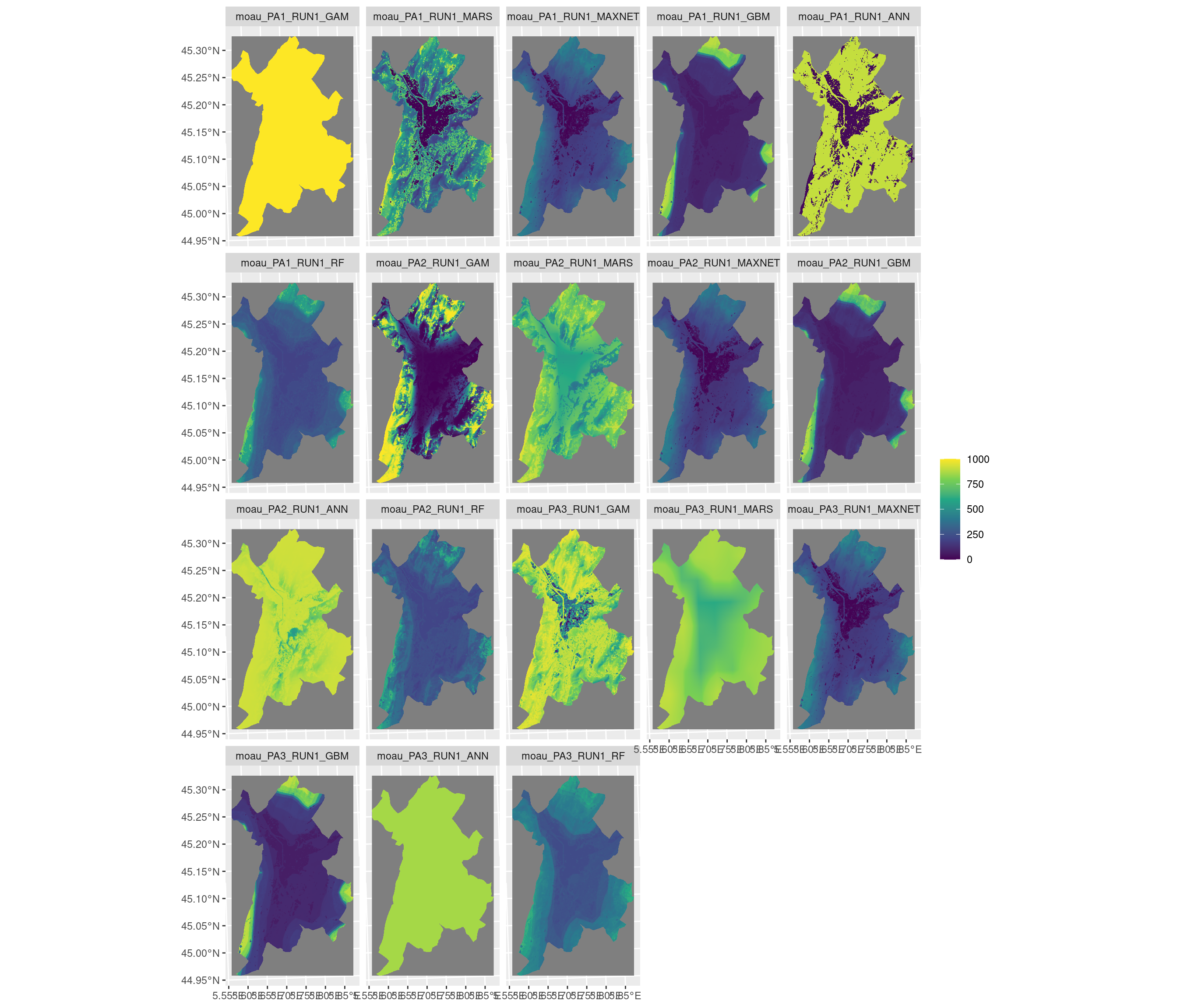 Projection de la distribution potentielle contemporaine sur la métropole de Grenoble, selon les 6 algorithmes et les 3 runs.