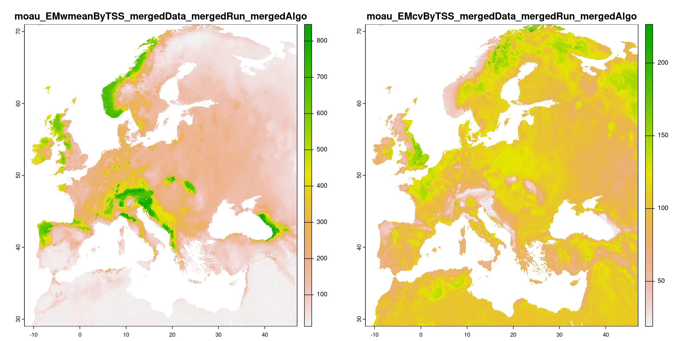 A) Projection de la distribution potentielle contemporaine (modèle d'ensemble) ; B) Incertitude associée à la projection.