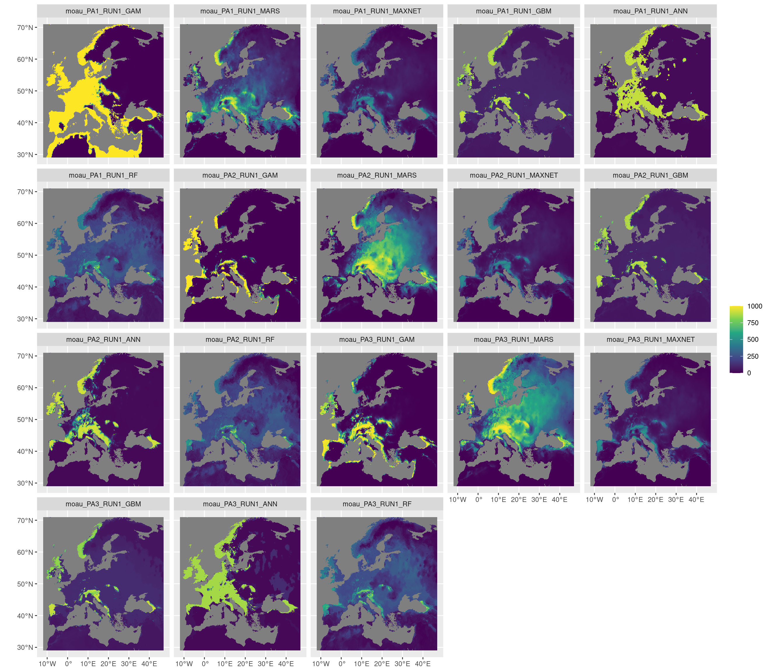 Projection de la distribution potentielle contemporaine sur l'Europe, selon les 6 algorithmes et les 3 runs.