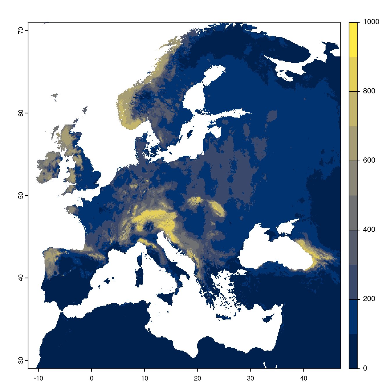 Projection des distributions potentielles futures jusqu'à l'horizon 2100 sous le scénario SSP1-2.6 (modèle d'ensemble).
