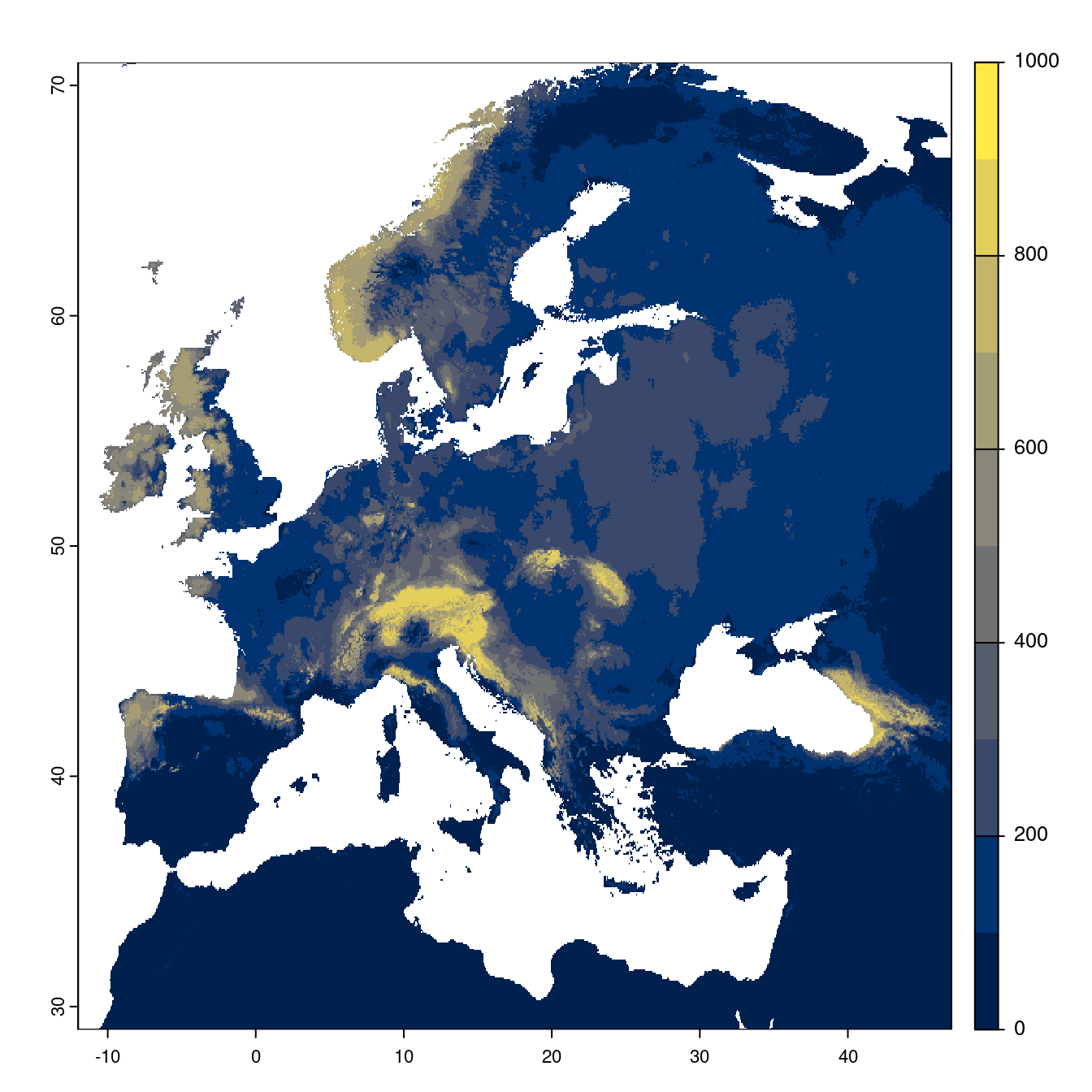 Projection des distributions potentielles futures jusqu'à l'horizon 2100 sous le scénario SSP1-2.6 (modèle d'ensemble).