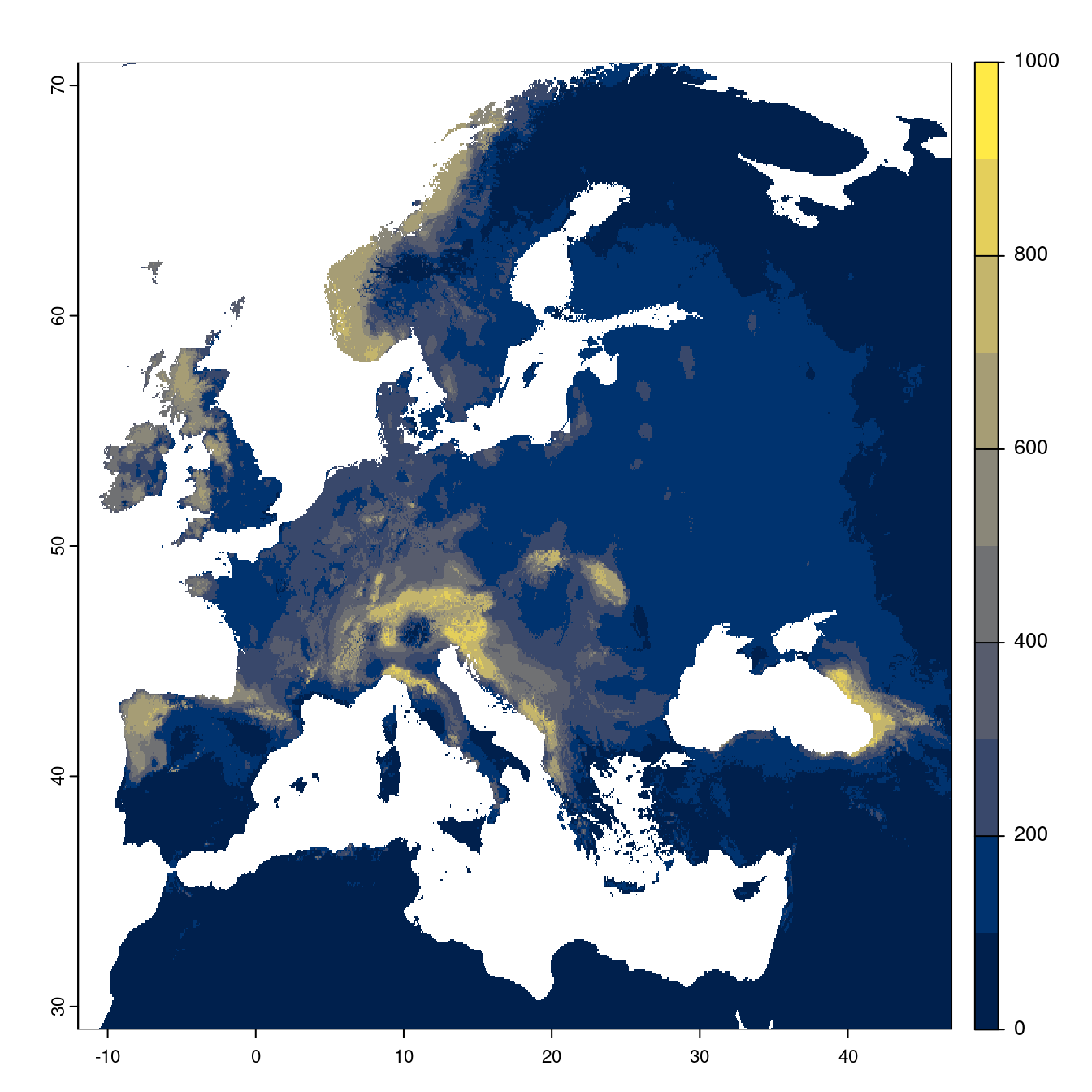 Projection des distributions potentielles futures jusqu'à l'horizon 2100 sous le scénario SSP2-4.5 (modèle d'ensemble).