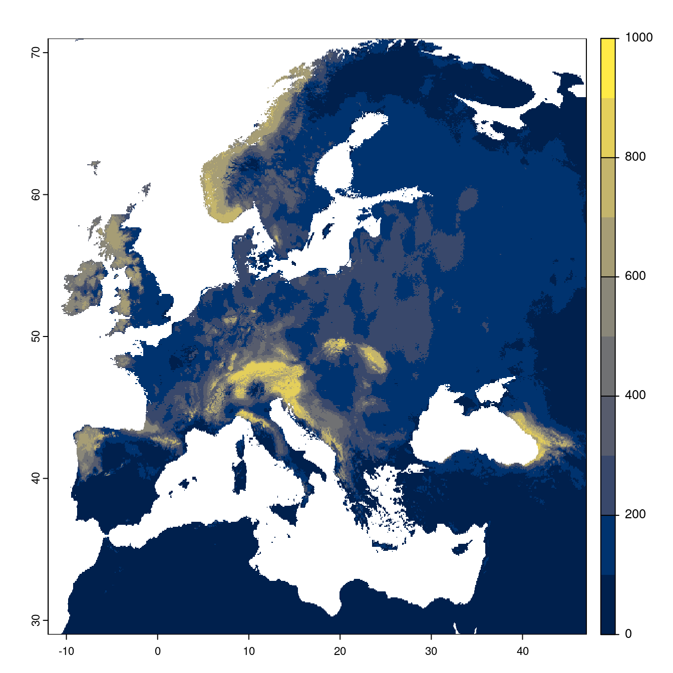 Projection des distributions potentielles futures jusqu'à l'horizon 2100 sous le scénario SSP3-7.0 (modèle d'ensemble).