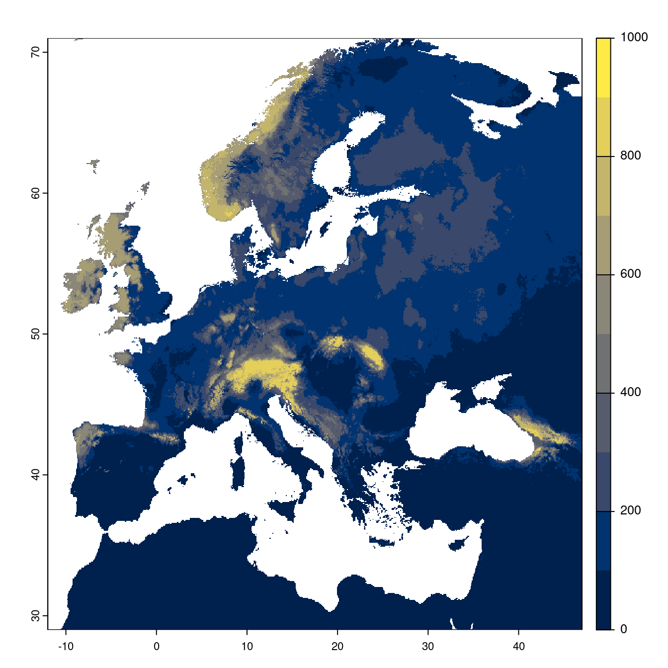 Projection des distributions potentielles futures jusqu'à l'horizon 2100 sous le scénario SSP3-7.0 (modèle d'ensemble).