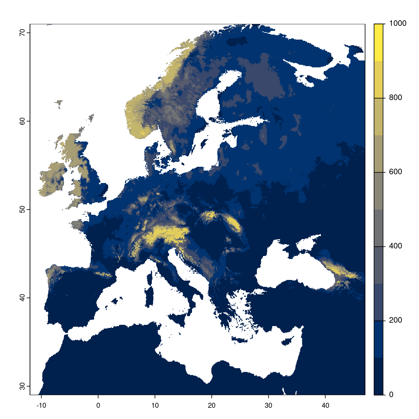 Projection des distributions potentielles futures jusqu'à l'horizon 2100 sous le scénario SSP3-7.0 (modèle d'ensemble).