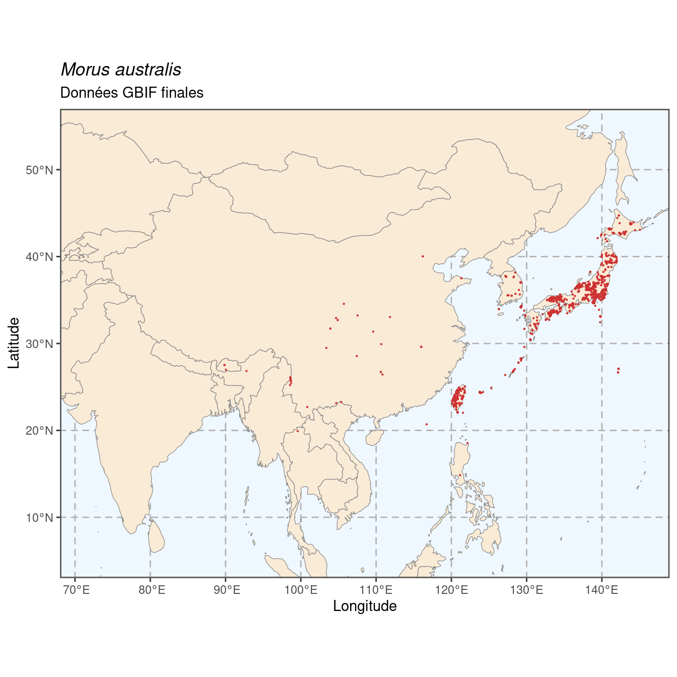 Occurrence de Morus australis dans la région d'endémisme après sous-échantillonnage éventuel.