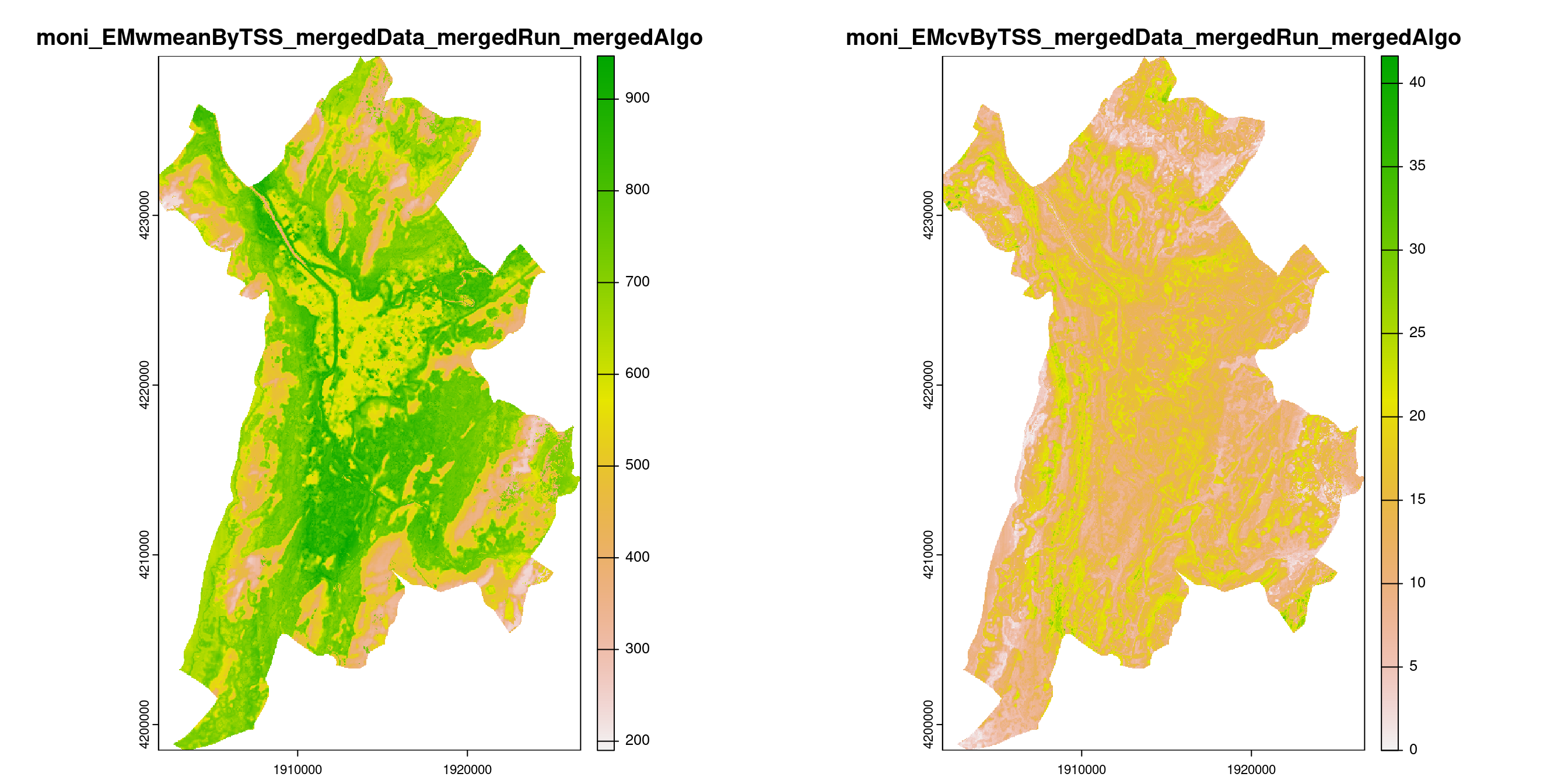 A) Projection de la distribution potentielle contemporaine (modèle d'ensemble) sur la métropole de Grenoble ; B) Incertitude associée à la projection.