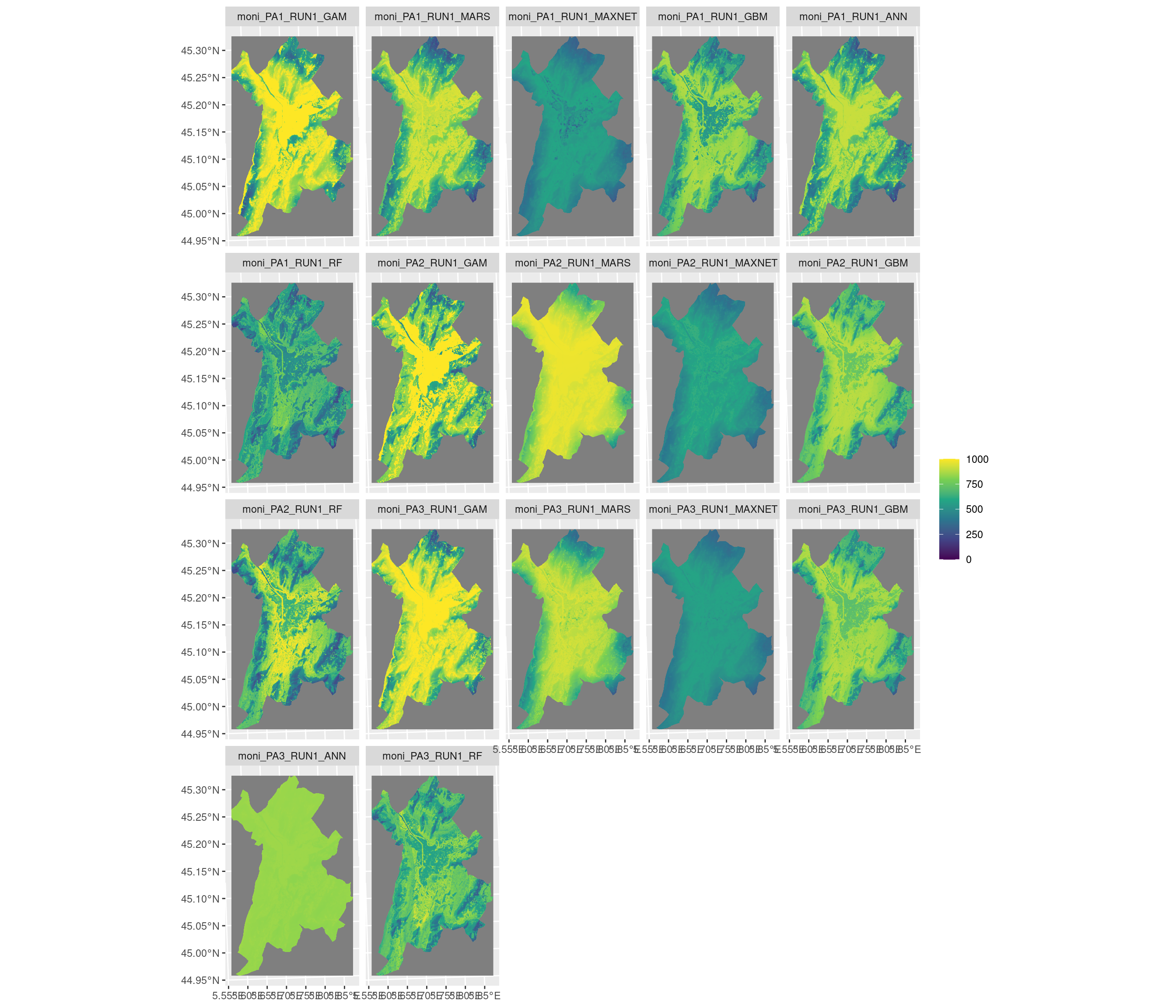 Projection de la distribution potentielle contemporaine sur la métropole de Grenoble, selon les 6 algorithmes et les 3 runs.