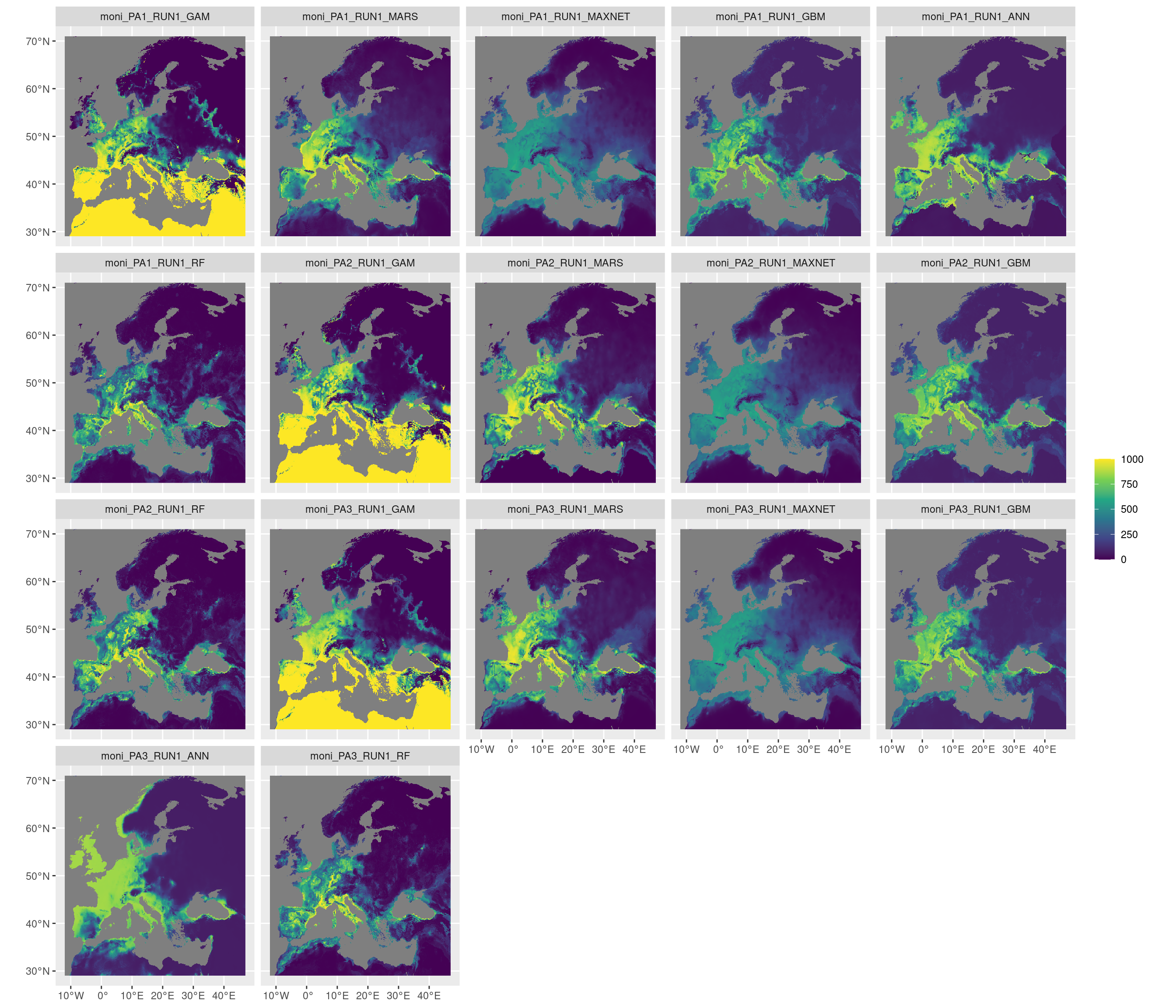 Projection de la distribution potentielle contemporaine sur l'Europe, selon les 6 algorithmes et les 3 runs.