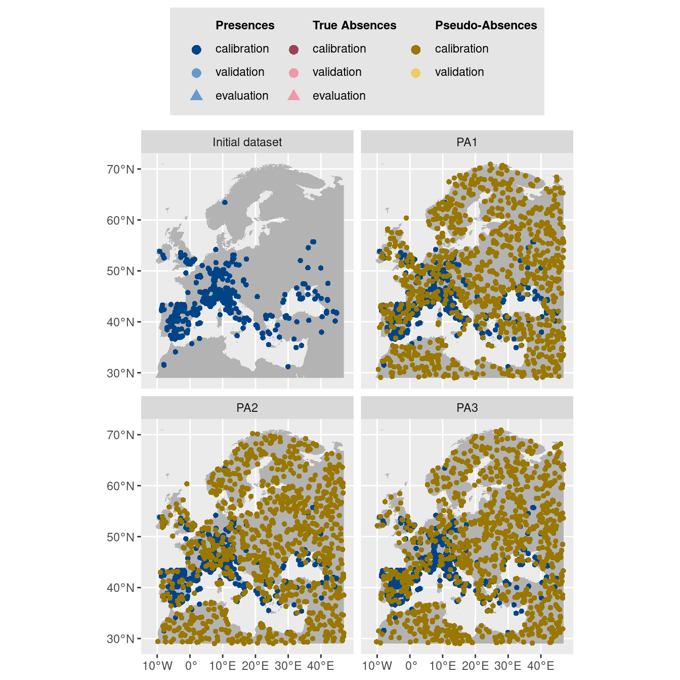 Les données d'occurrences (en haut à gauche) et les trois jeux de données aléatoires de pseudo-absences.