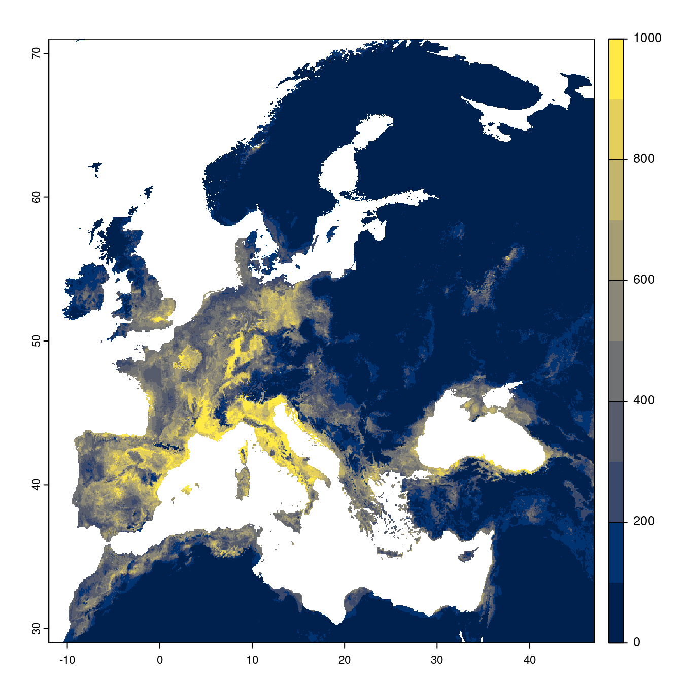 Projection des distributions potentielles futures jusqu'à l'horizon 2100 sous le scénario SSP1-2.6 (modèle d'ensemble).