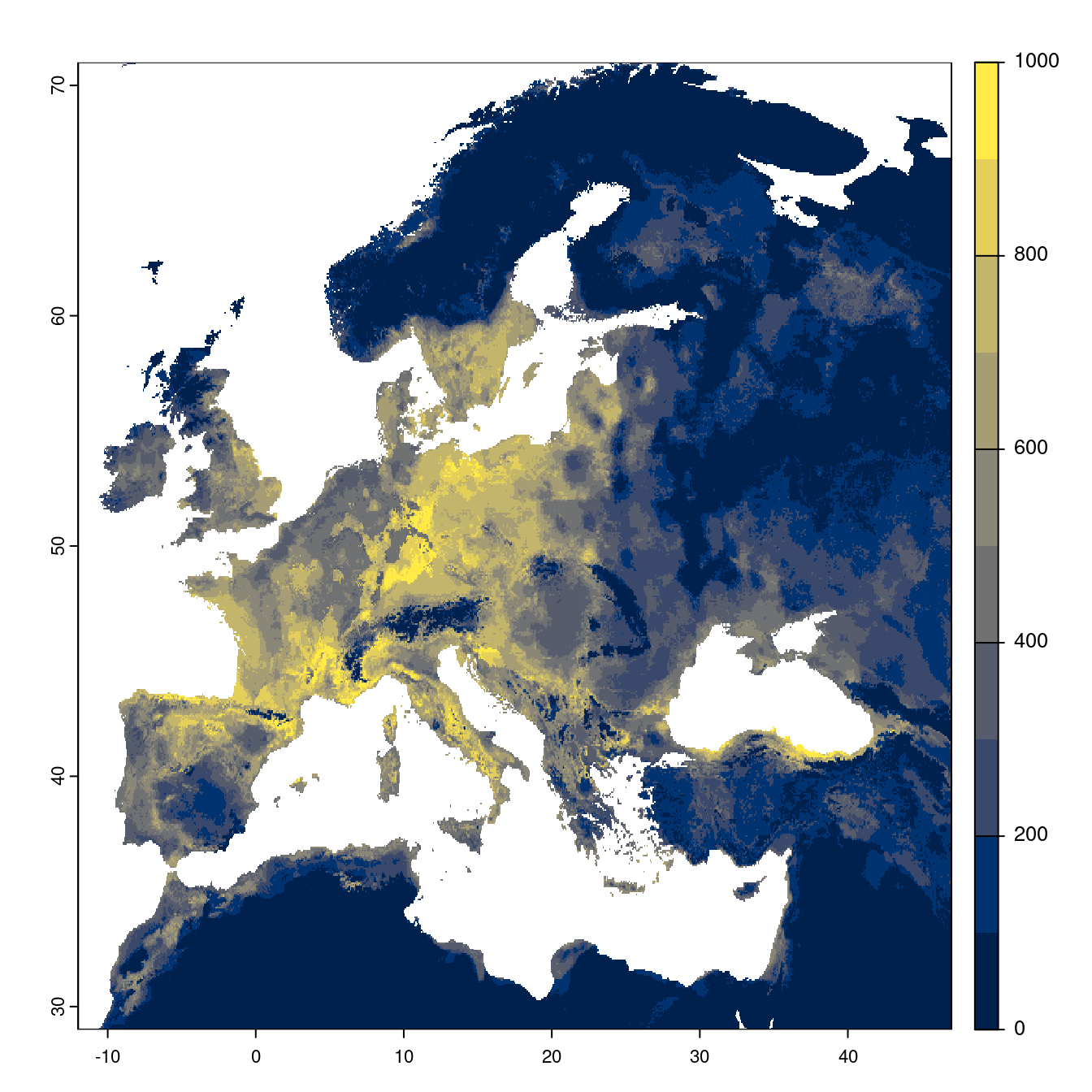 Projection des distributions potentielles futures jusqu'à l'horizon 2100 sous le scénario SSP1-2.6 (modèle d'ensemble).