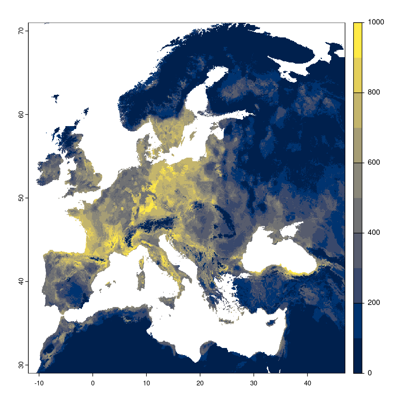 Projection des distributions potentielles futures jusqu'à l'horizon 2100 sous le scénario SSP2-4.5 (modèle d'ensemble).