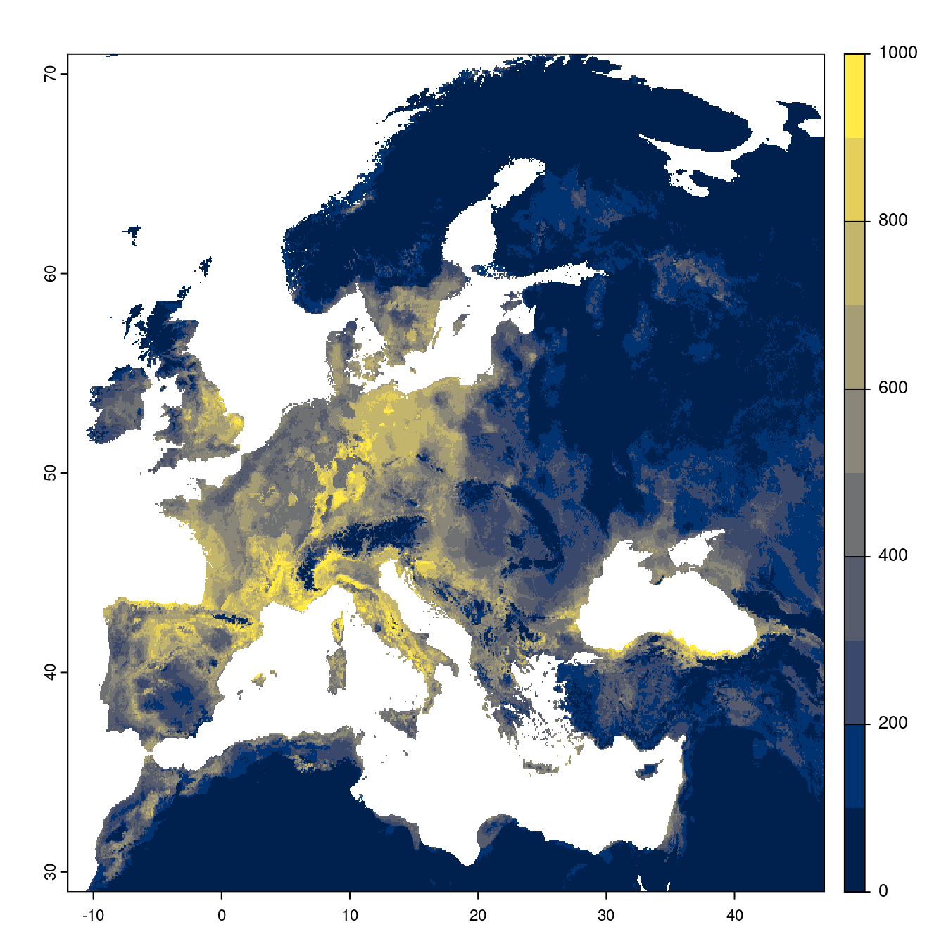 Projection des distributions potentielles futures jusqu'à l'horizon 2100 sous le scénario SSP3-7.0 (modèle d'ensemble).