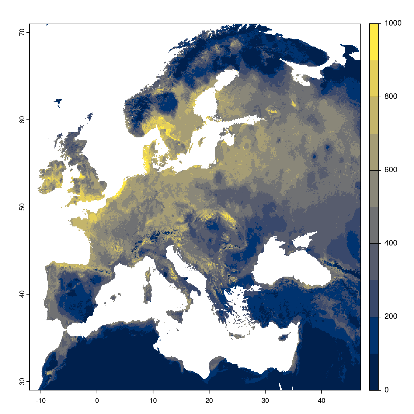Projection des distributions potentielles futures jusqu'à l'horizon 2100 sous le scénario SSP3-7.0 (modèle d'ensemble).