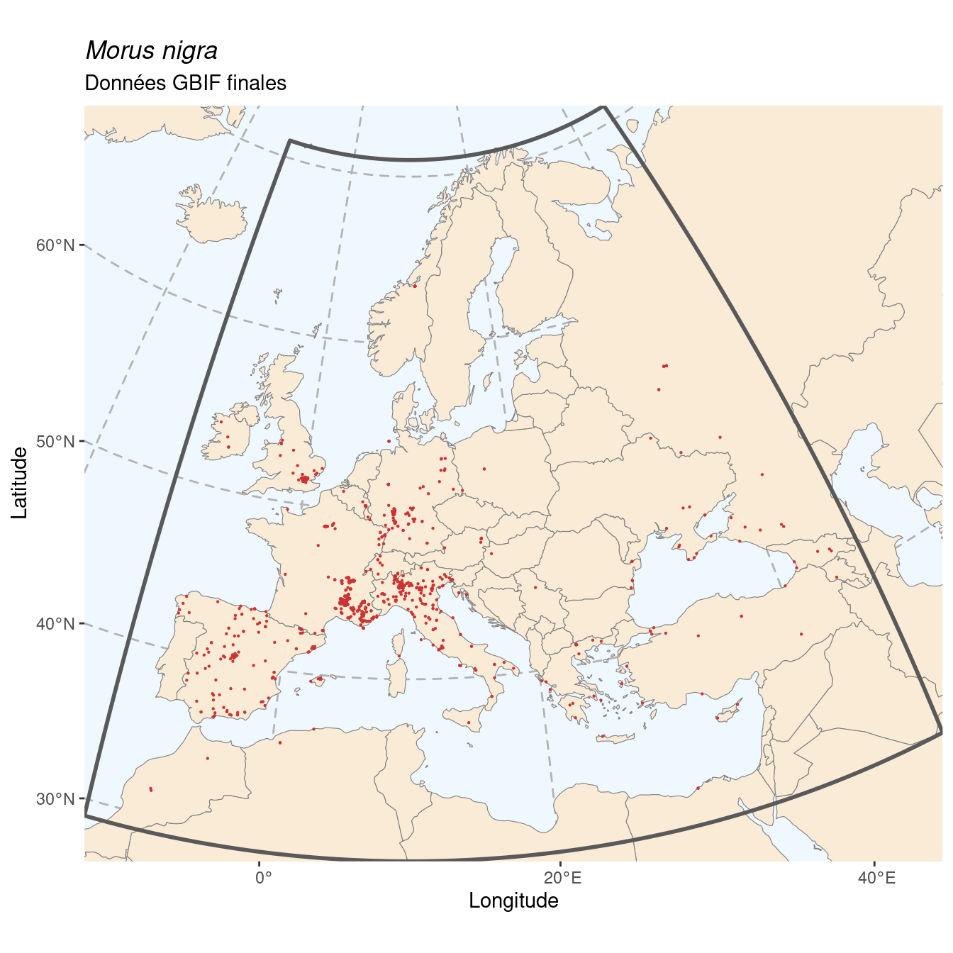 Occurrence de Morus nigra dans la région d'endémisme après sous-échantillonnage éventuel.