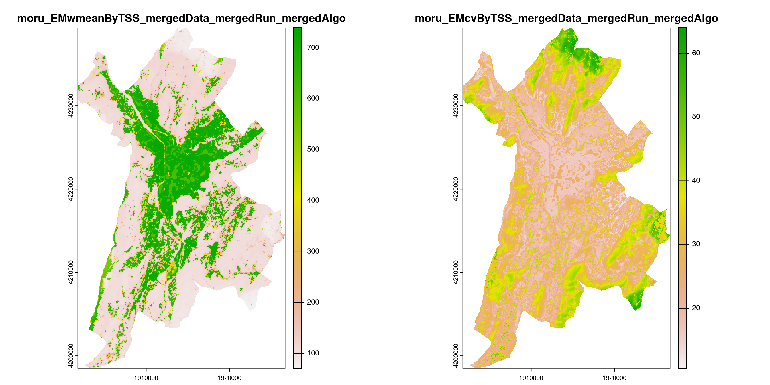 A) Projection de la distribution potentielle contemporaine (modèle d'ensemble) sur la métropole de Grenoble ; B) Incertitude associée à la projection.
