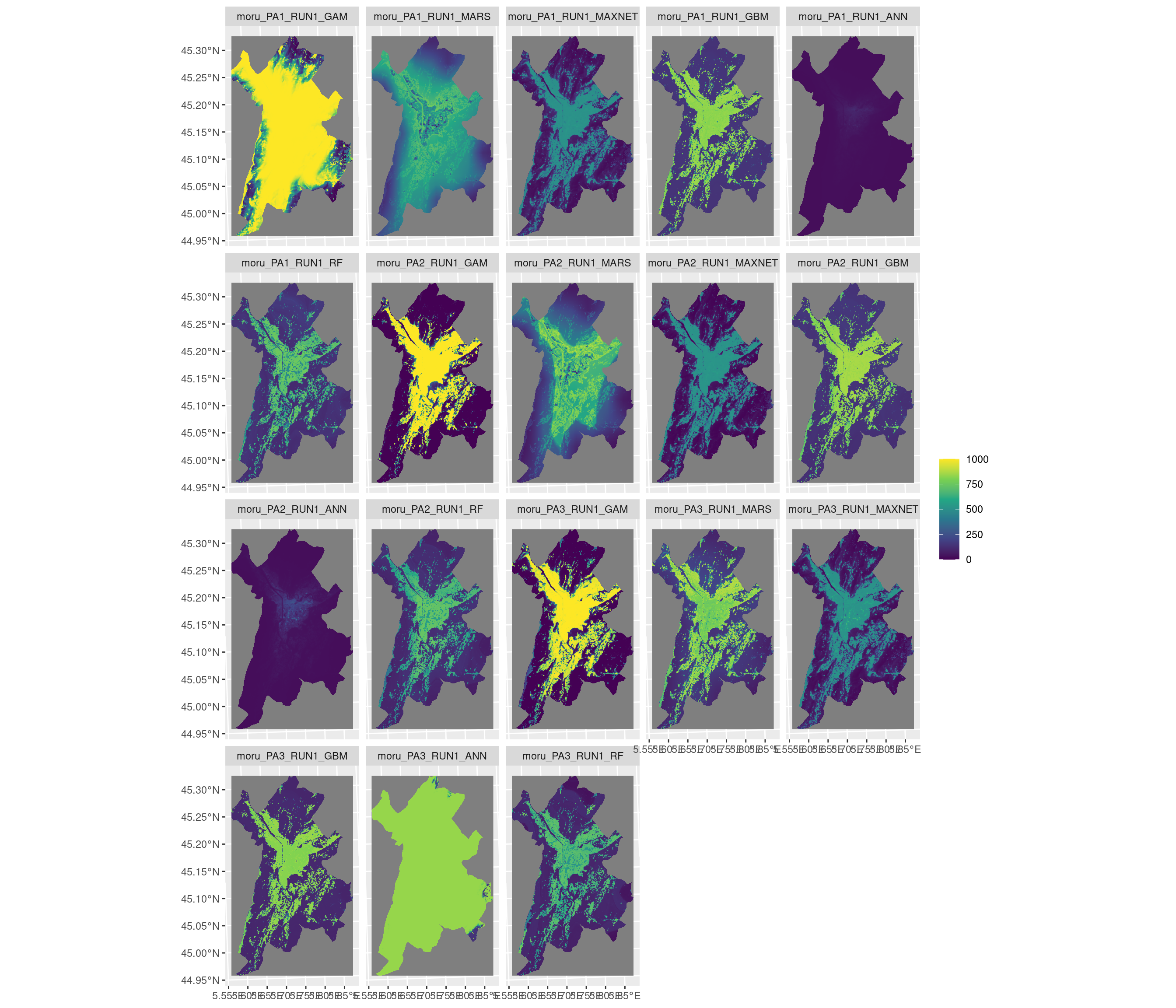 Projection de la distribution potentielle contemporaine sur la métropole de Grenoble, selon les 6 algorithmes et les 3 runs.