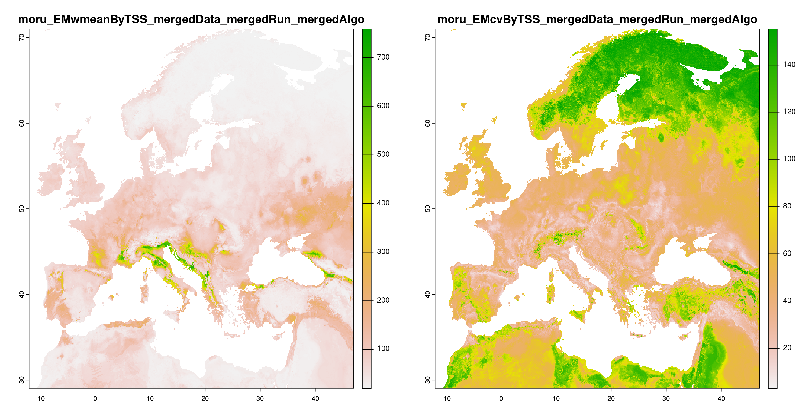 A) Projection de la distribution potentielle contemporaine (modèle d'ensemble) ; B) Incertitude associée à la projection.