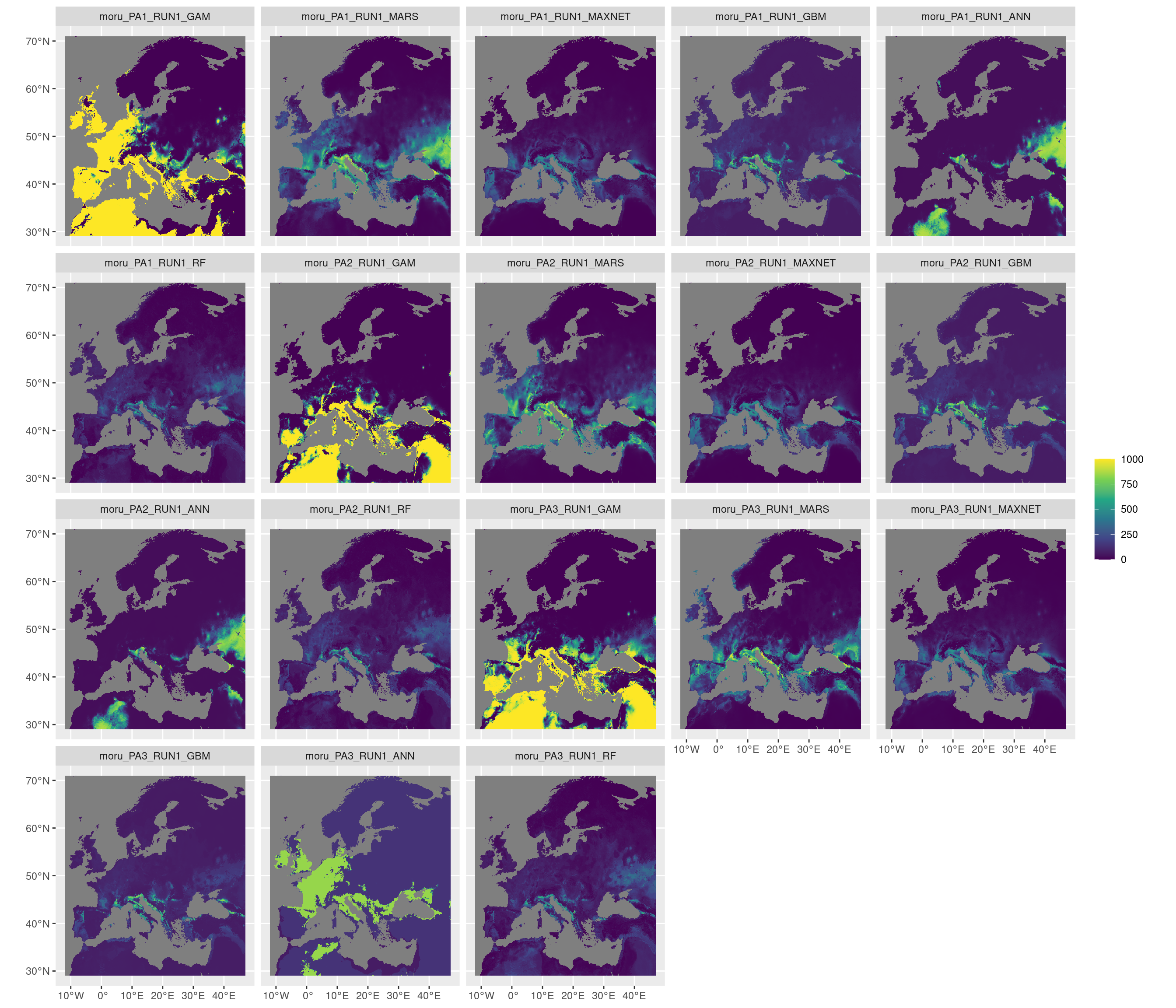 Projection de la distribution potentielle contemporaine sur l'Europe, selon les 6 algorithmes et les 3 runs.
