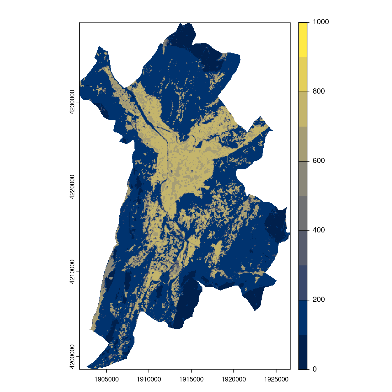 Projection des distributions potentielles contemporaine et futures jusqu'à l'horizon 2100 sous le scénario SSP5-8.5 (modèle d'ensemble, GCM IPSL).