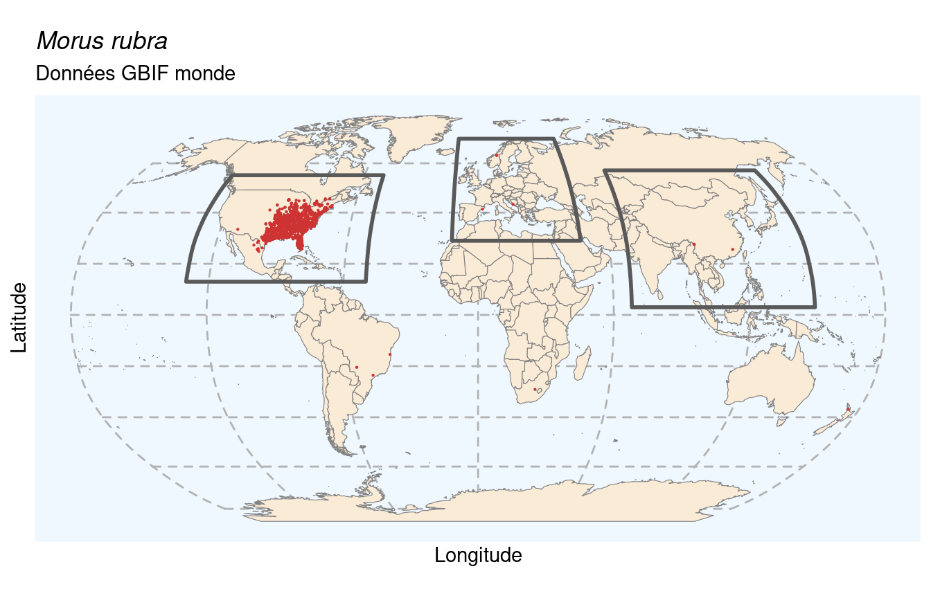 Occurrences de Morus rubra dans le monde.