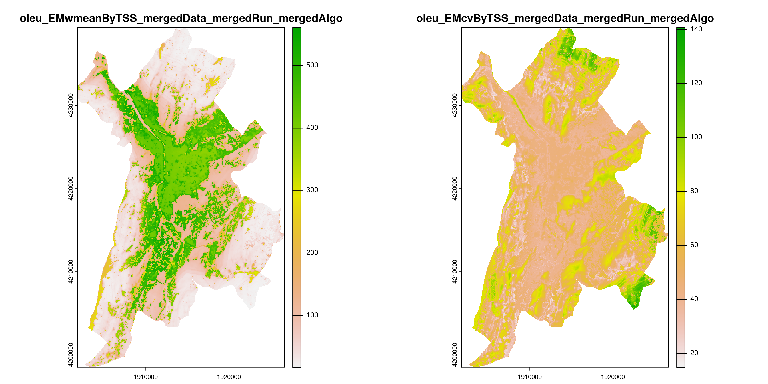 A) Projection de la distribution potentielle contemporaine (modèle d'ensemble) sur la métropole de Grenoble ; B) Incertitude associée à la projection.