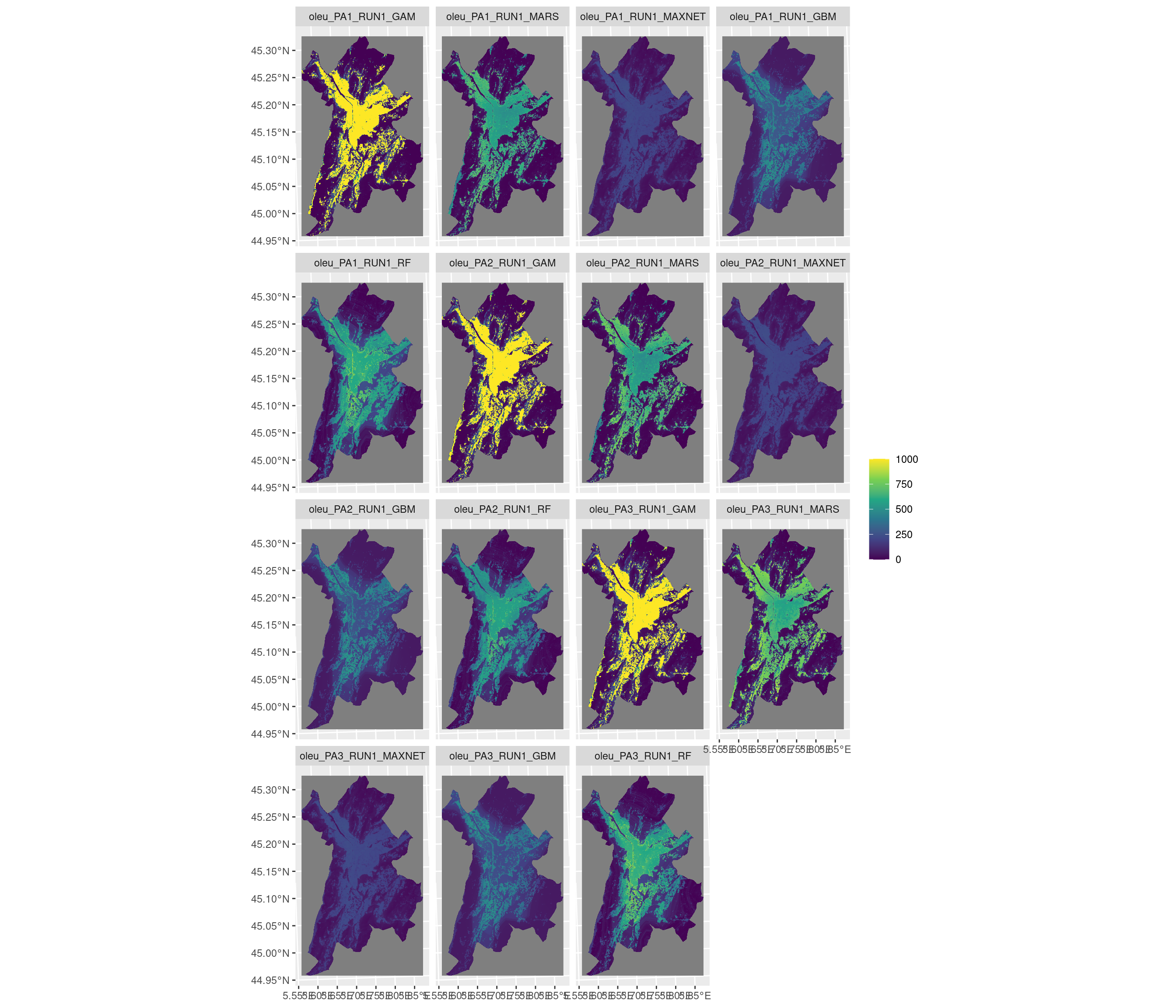 Projection de la distribution potentielle contemporaine sur la métropole de Grenoble, selon les 6 algorithmes et les 3 runs.