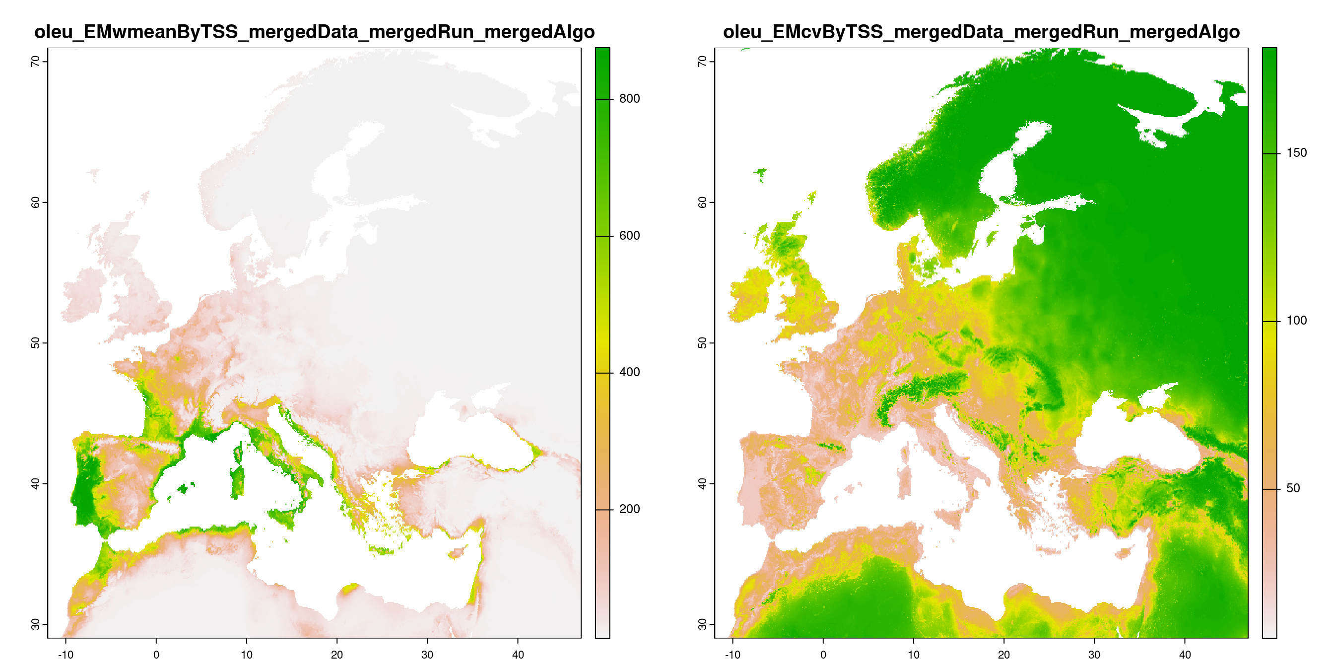 A) Projection de la distribution potentielle contemporaine (modèle d'ensemble) ; B) Incertitude associée à la projection.