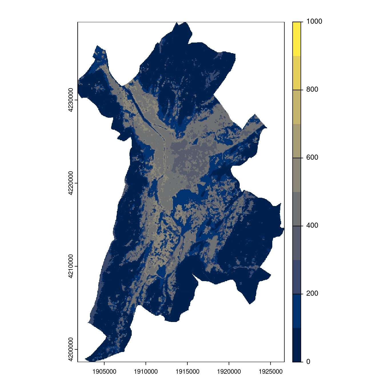 Projection des distributions potentielles contemporaine et futures jusqu'à l'horizon 2100 sous le scénario SSP5-8.5 (modèle d'ensemble, GCM IPSL).