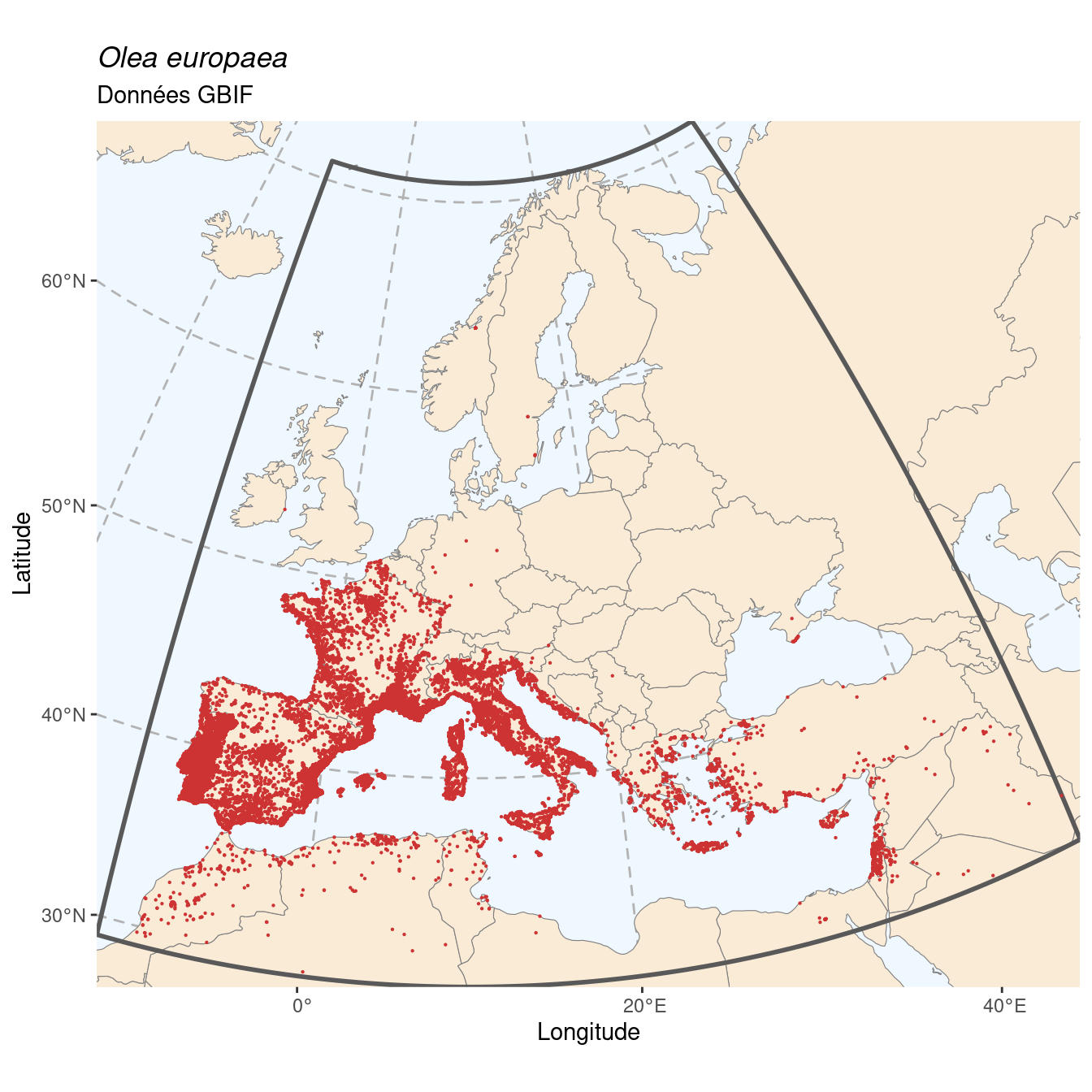 Occurrence de Olea europaea dans la région d'endémisme.