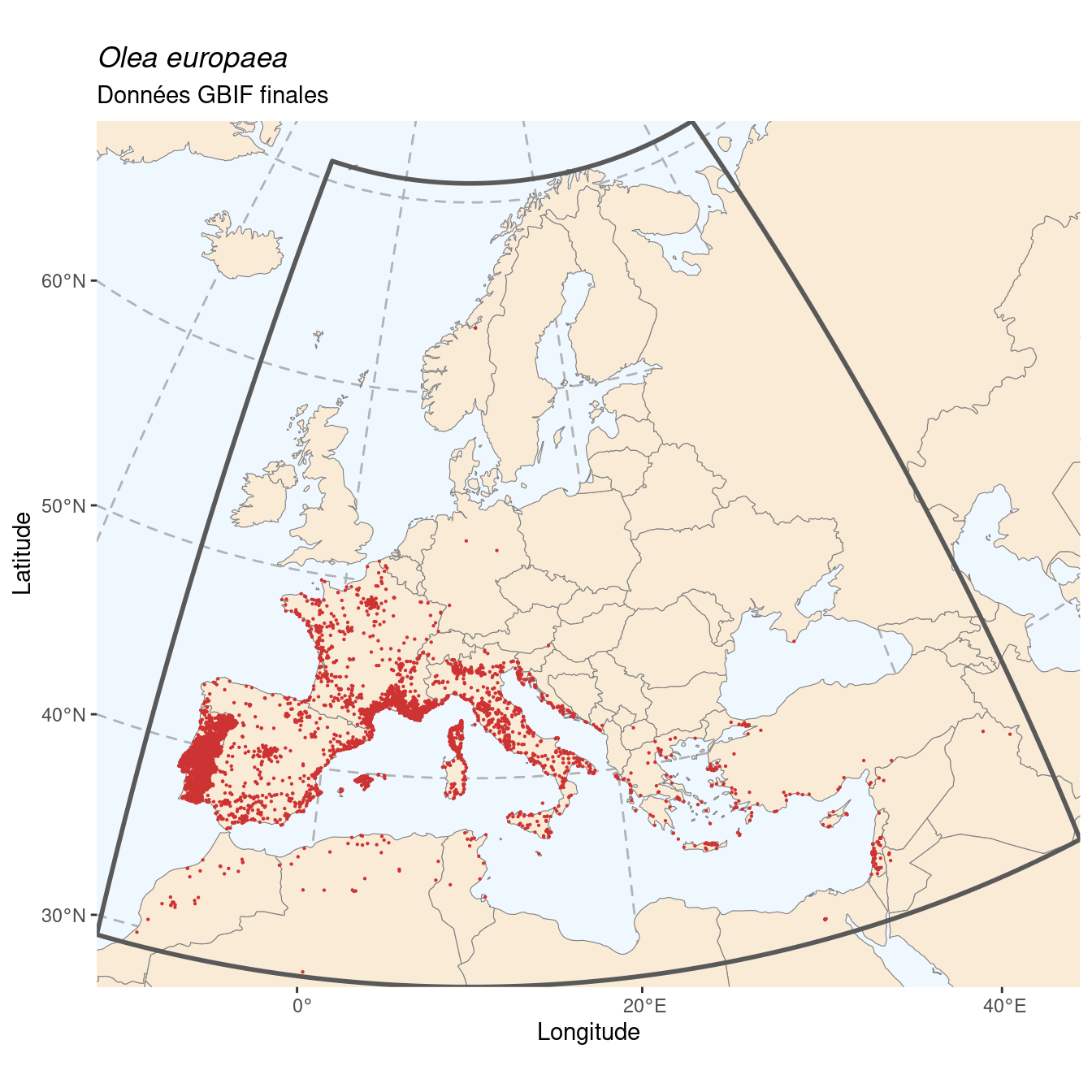Occurrence de Olea europaea dans la région d'endémisme après sous-échantillonnage éventuel.
