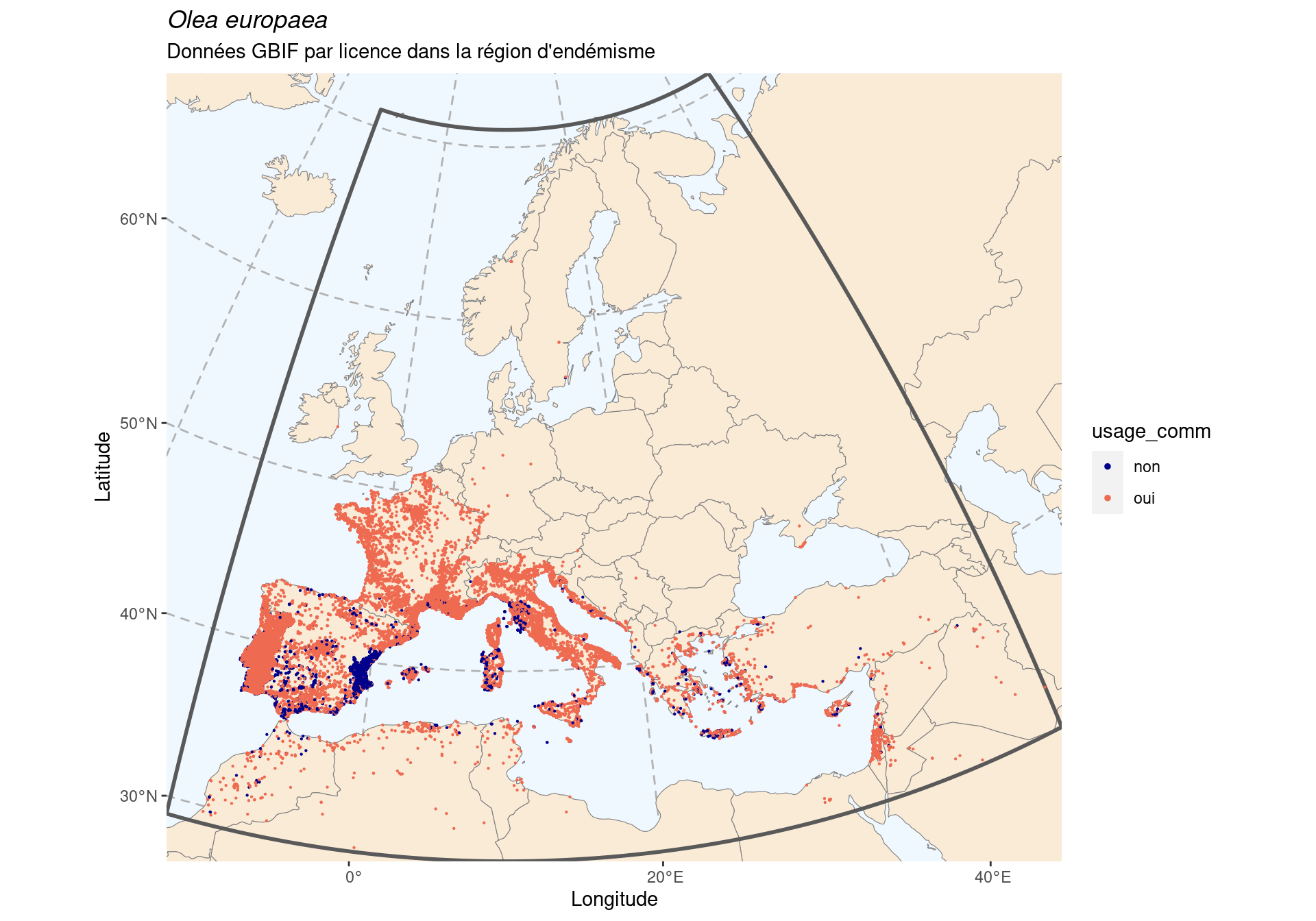 Occurrence de Olea europaea dans la région d'endémisme, selon la licence : CC BY-NC en bleu ; CC0 et CC BY en orange.