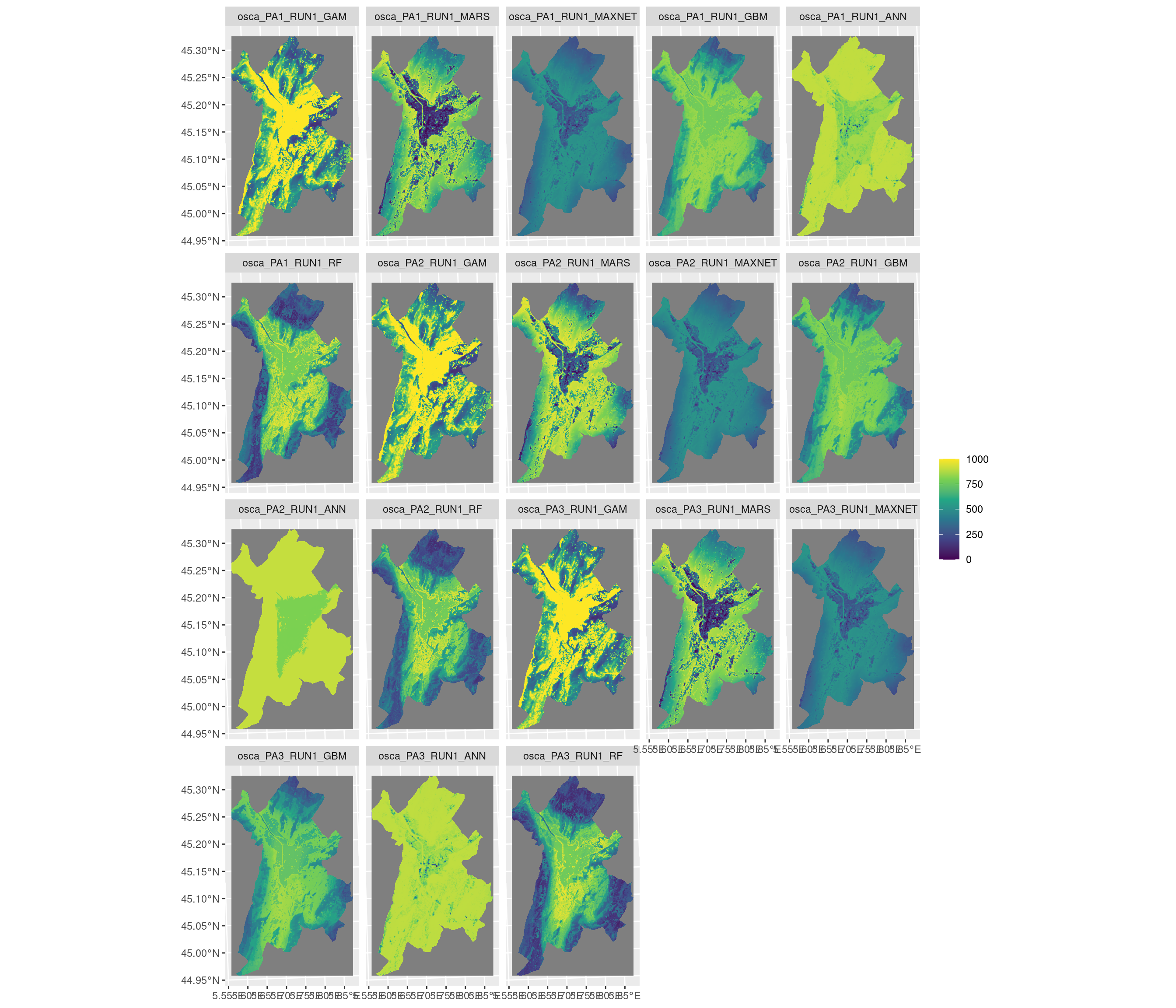 Projection de la distribution potentielle contemporaine sur la métropole de Grenoble, selon les 6 algorithmes et les 3 runs.