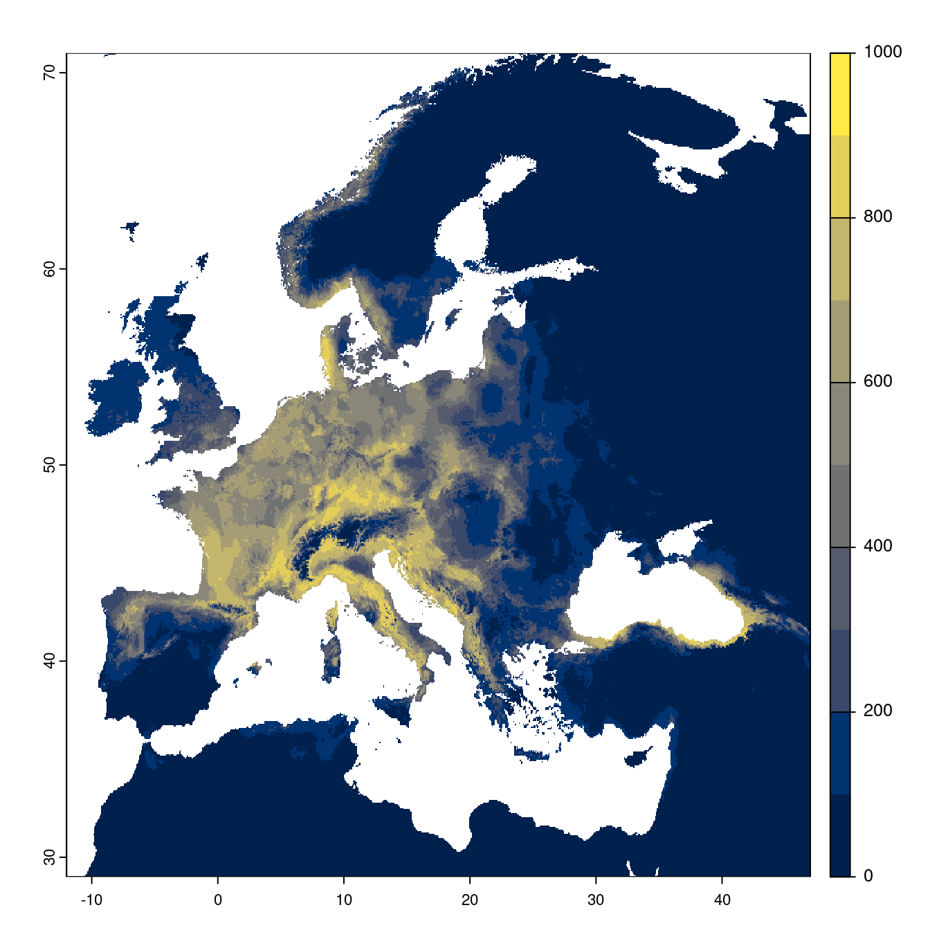 Projection des distributions potentielles futures jusqu'à l'horizon 2100 sous le scénario SSP1-2.6 (modèle d'ensemble).